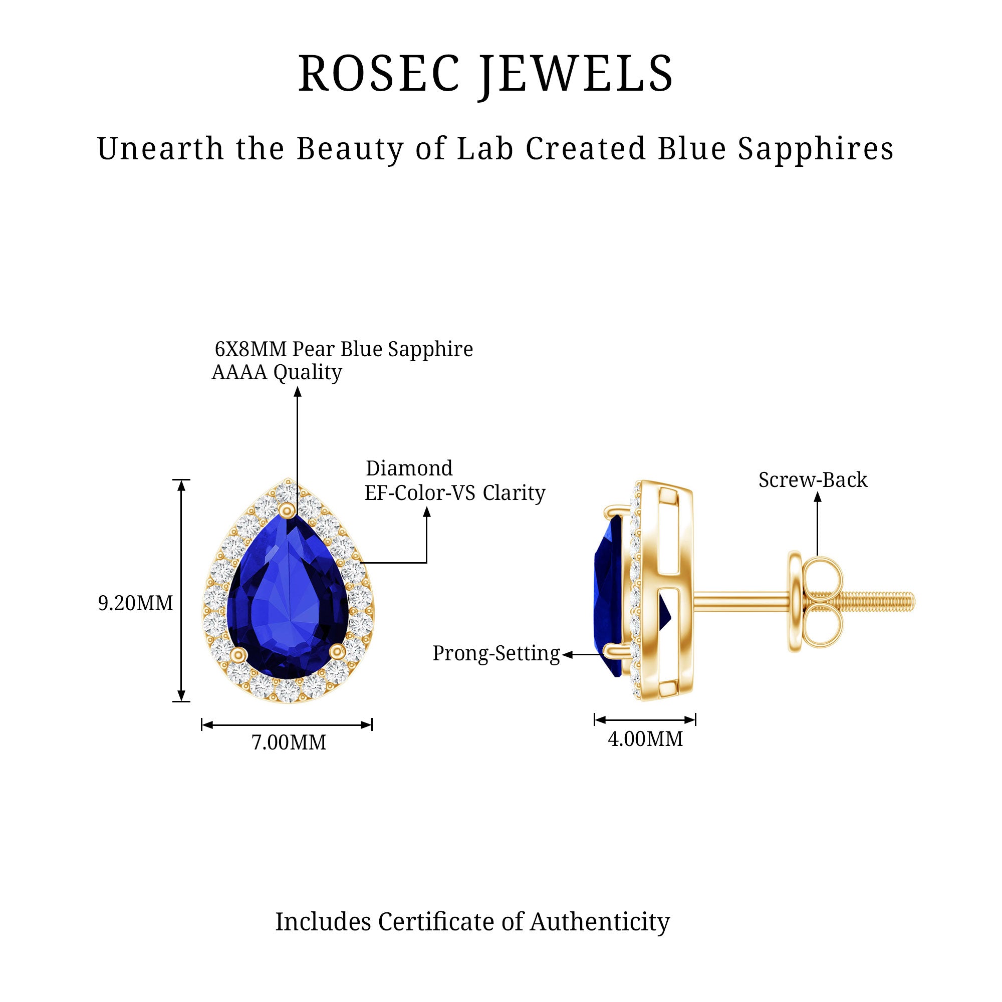 Lab Grown Blue Sapphire Teardrop Stud Earrings With Diamond Halo AAAA - Rosec Jewels