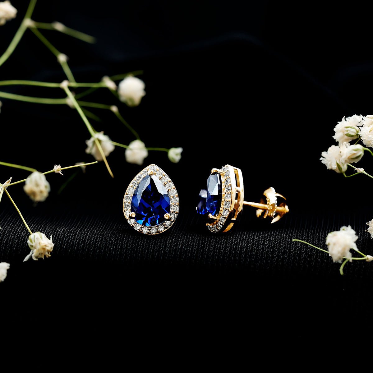 Lab Grown Blue Sapphire Teardrop Stud Earrings With Diamond Halo AAAA - Rosec Jewels