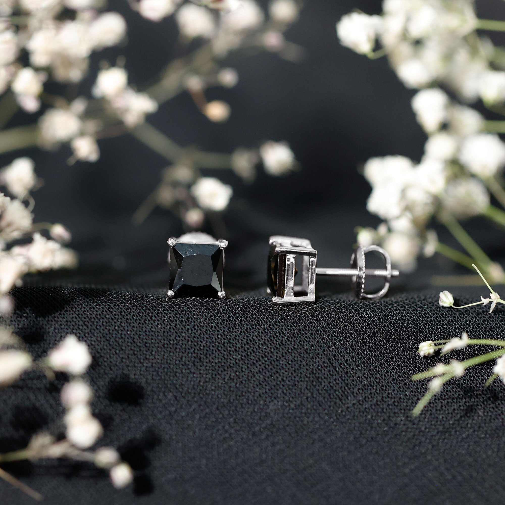 Natural Black Onyx Princess Cut Earrings with Screw Back AAA - Rosec Jewels