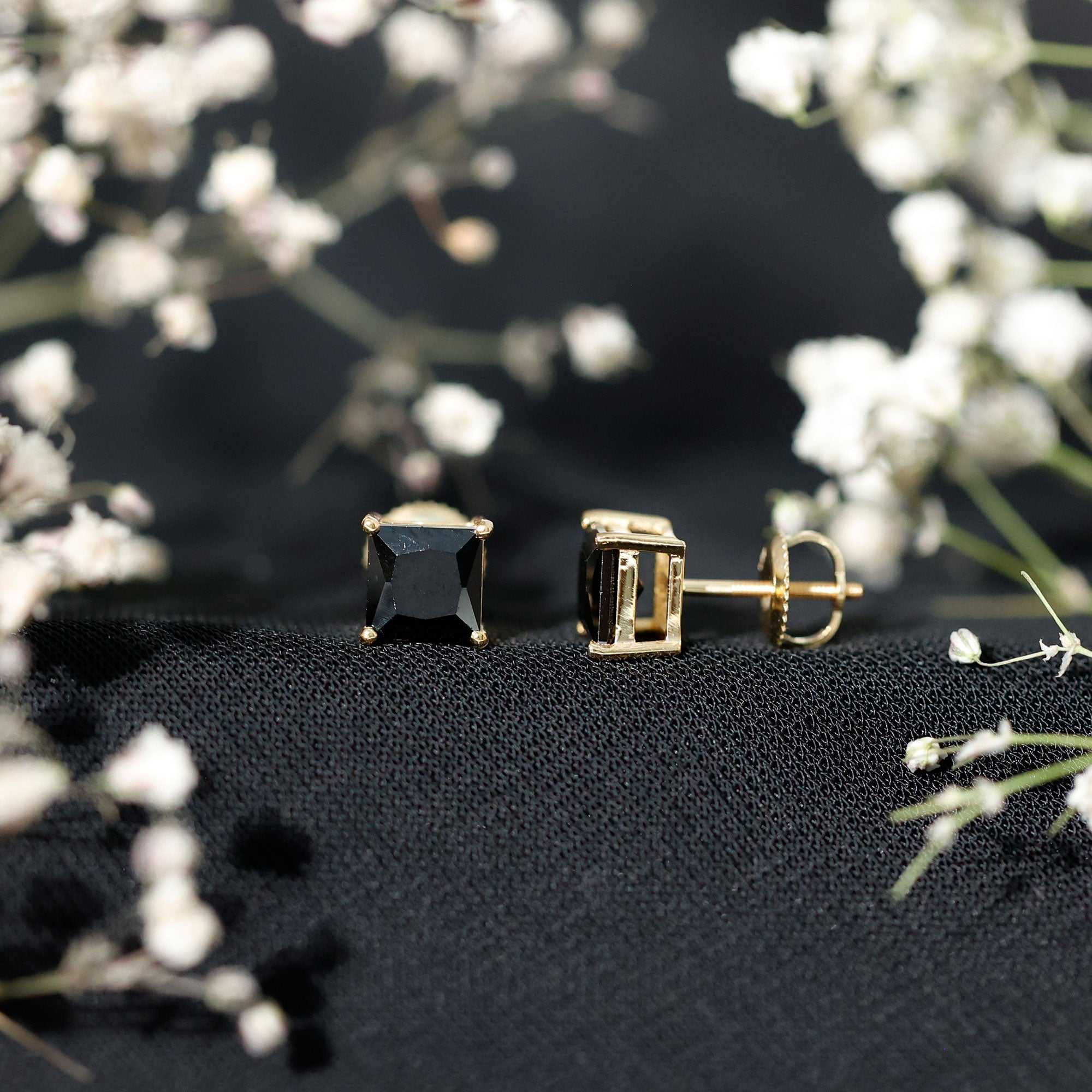 Natural Black Onyx Princess Cut Earrings with Screw Back AAA - Rosec Jewels
