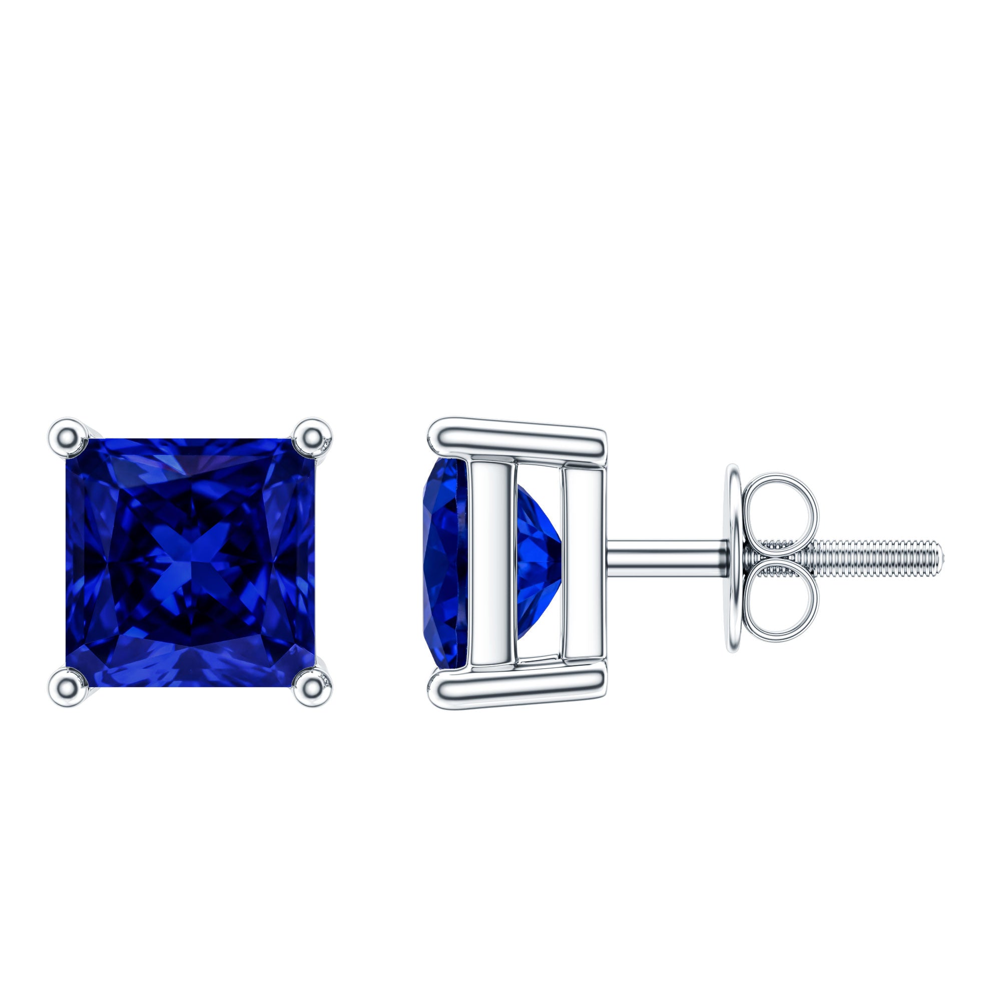 1.4 Carat Princess Cut Lab Created Blue Sapphire Solitaire Stud Earrings AAAA - Rosec Jewels