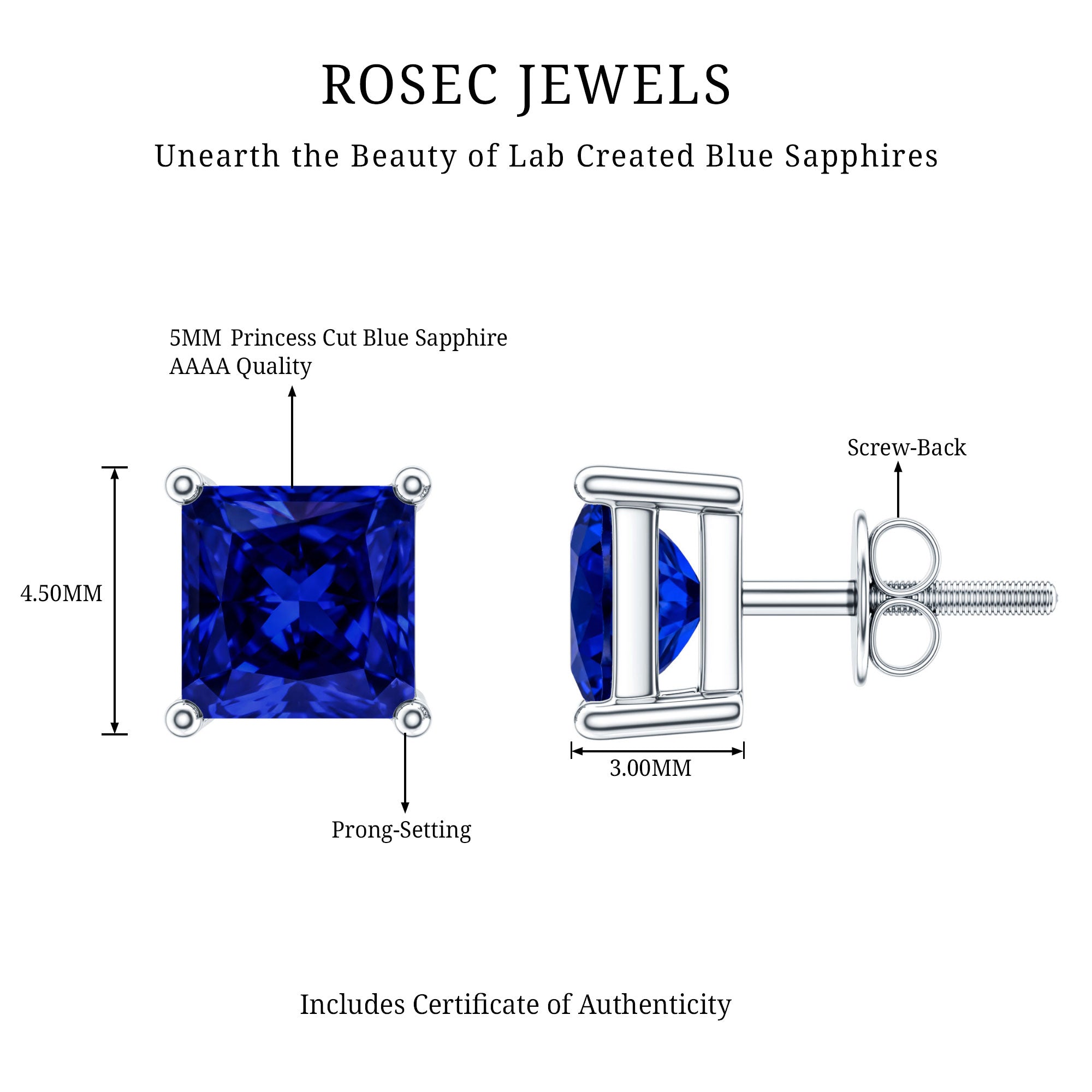1.4 Carat Princess Cut Lab Created Blue Sapphire Solitaire Stud Earrings AAAA - Rosec Jewels