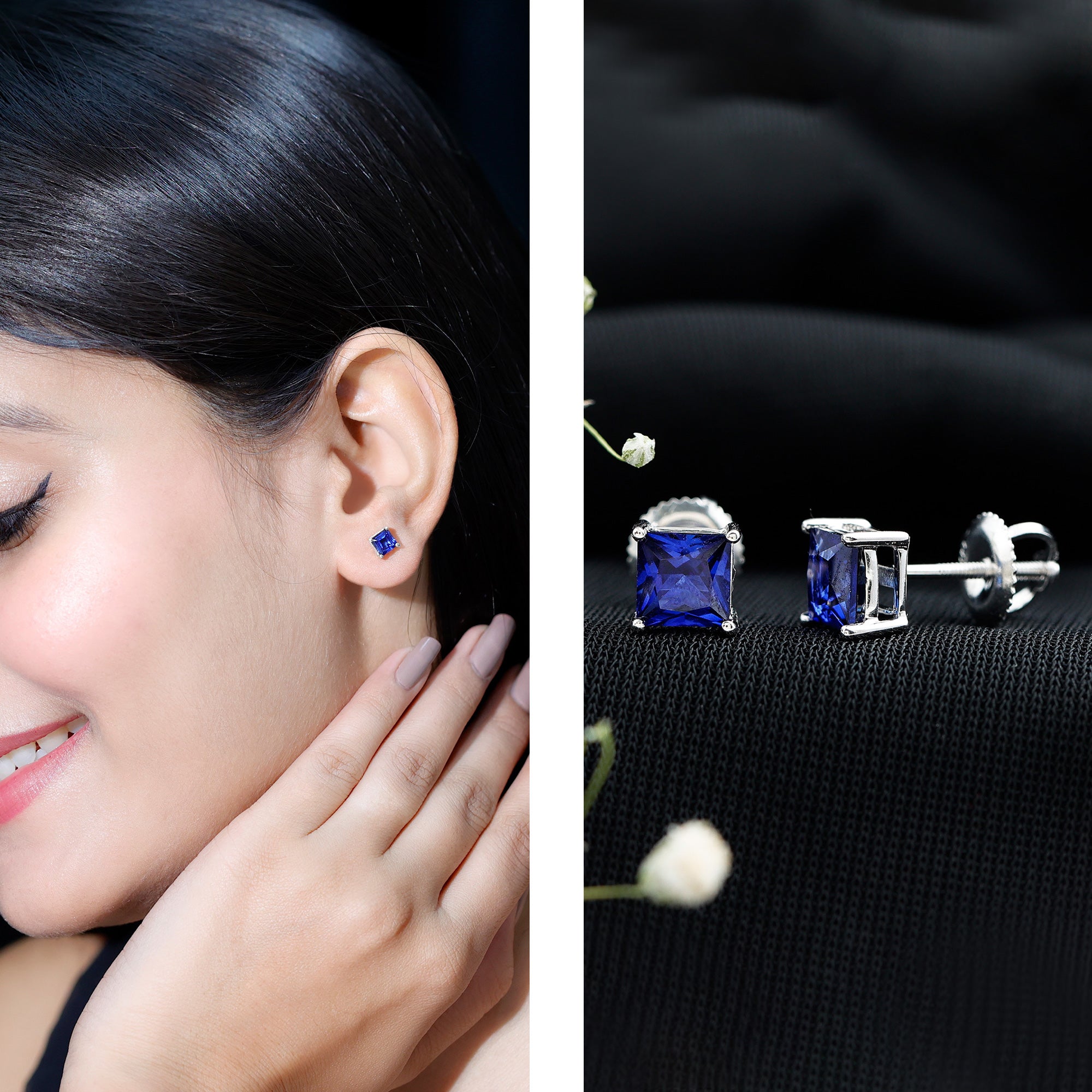 1.4 Carat Princess Cut Lab Created Blue Sapphire Solitaire Stud Earrings AAAA - Rosec Jewels