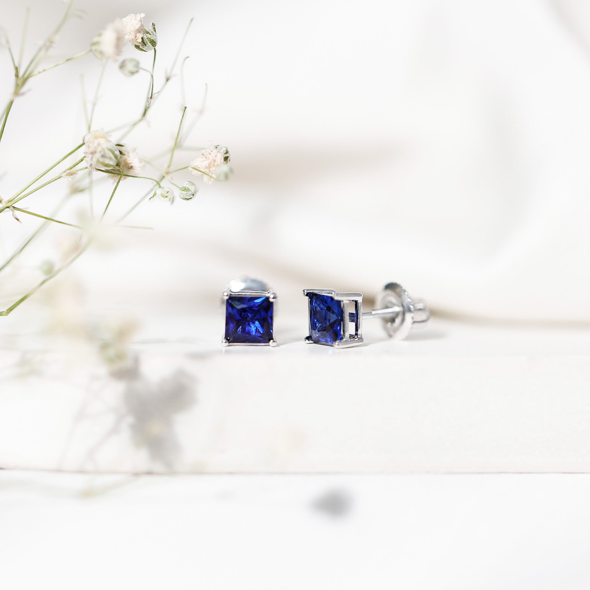 1.4 Carat Princess Cut Lab Created Blue Sapphire Solitaire Stud Earrings AAAA - Rosec Jewels