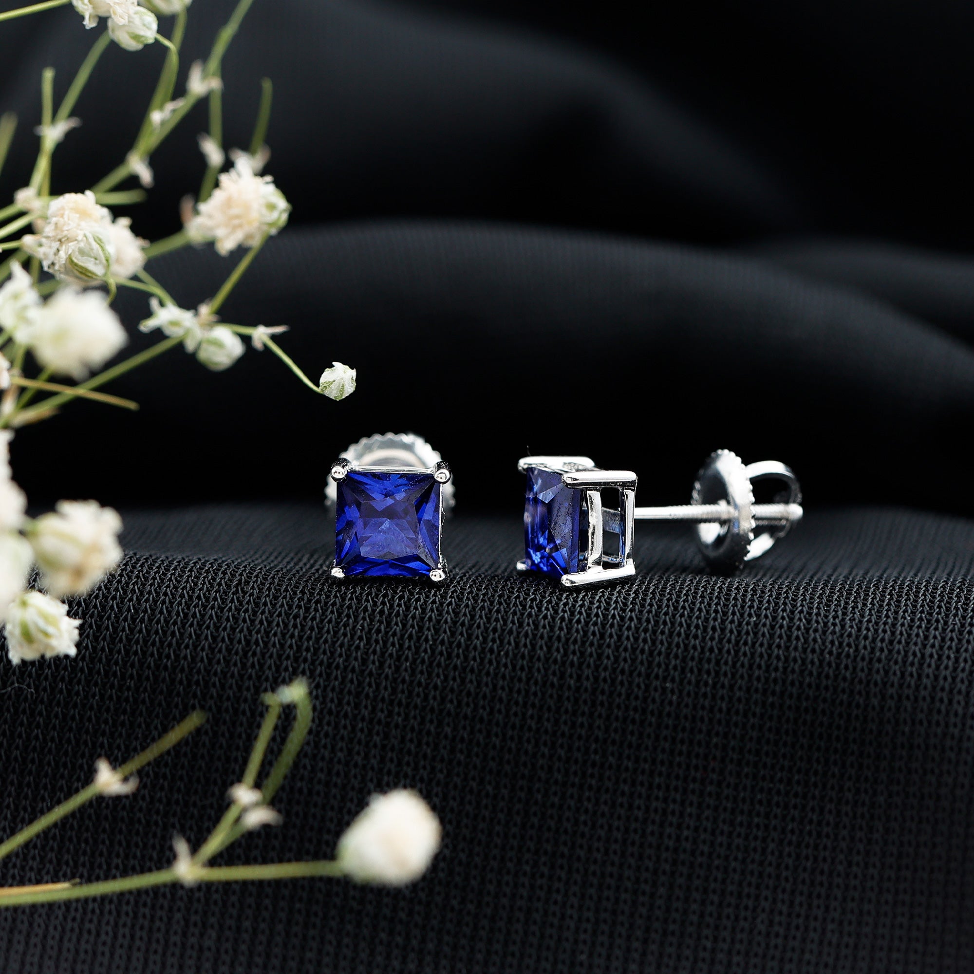 1.4 Carat Princess Cut Lab Created Blue Sapphire Solitaire Stud Earrings AAAA - Rosec Jewels