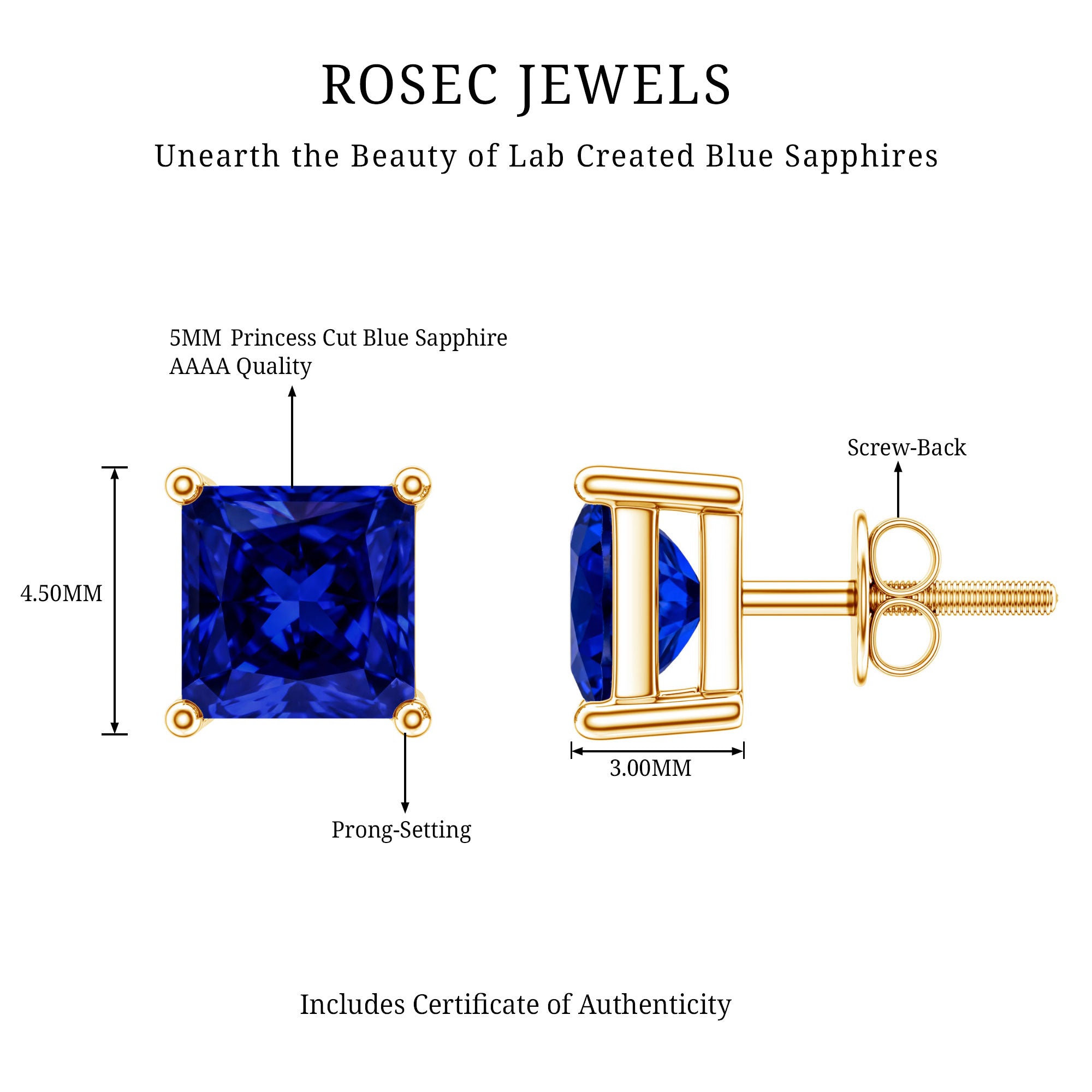 1.4 Carat Princess Cut Lab Created Blue Sapphire Solitaire Stud Earrings AAAA - Rosec Jewels