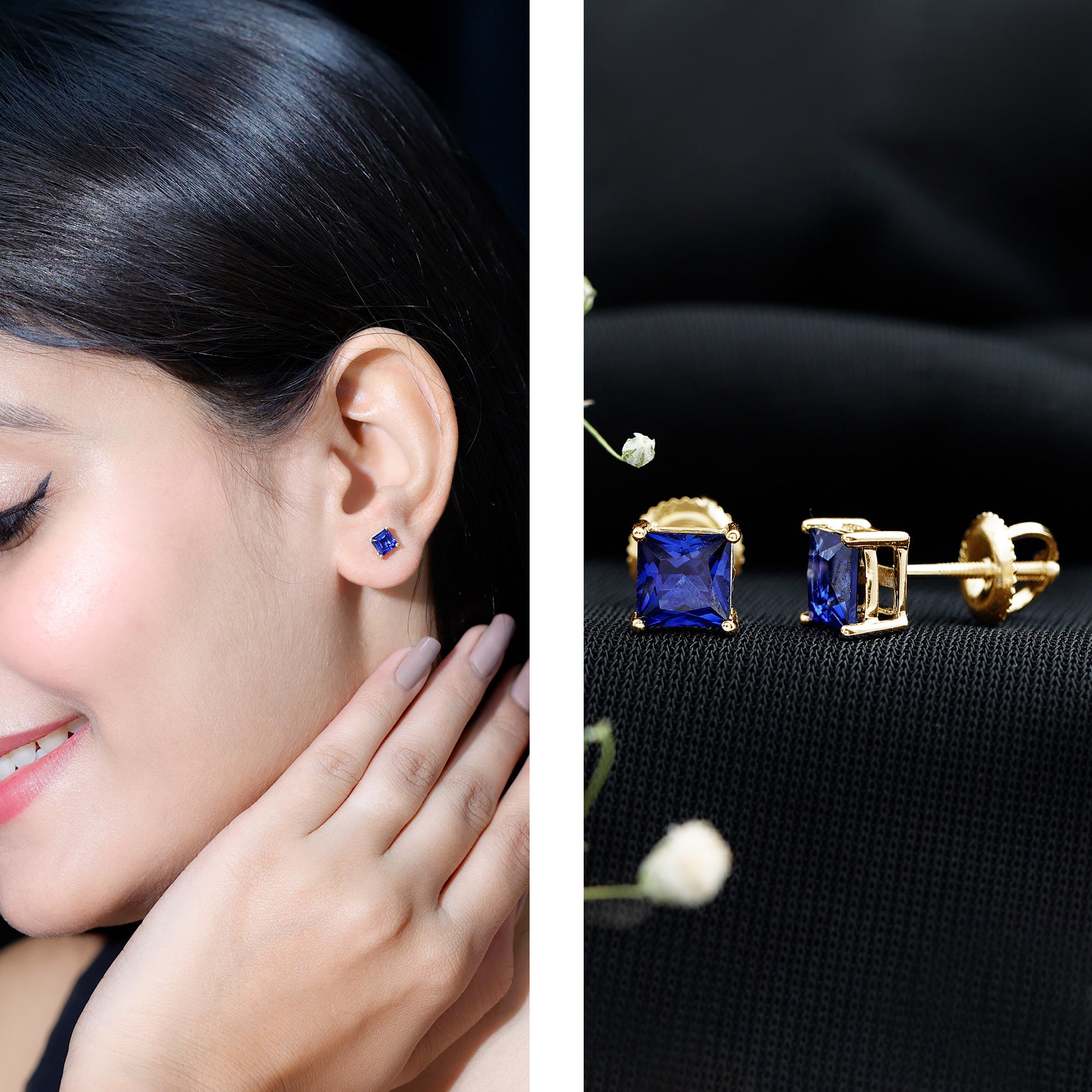 1.4 Carat Princess Cut Lab Created Blue Sapphire Solitaire Stud Earrings AAAA - Rosec Jewels