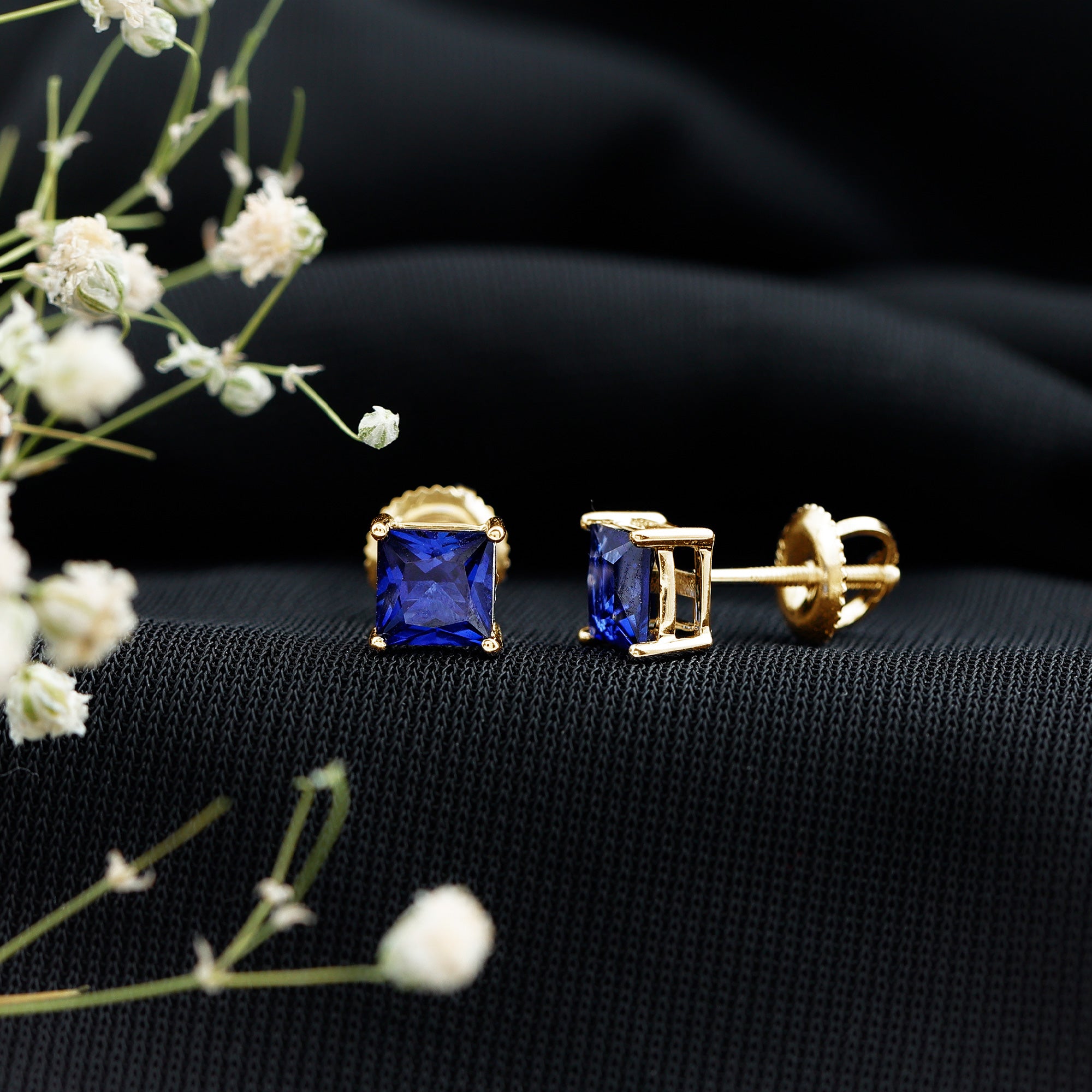 1.4 Carat Princess Cut Lab Created Blue Sapphire Solitaire Stud Earrings AAAA - Rosec Jewels