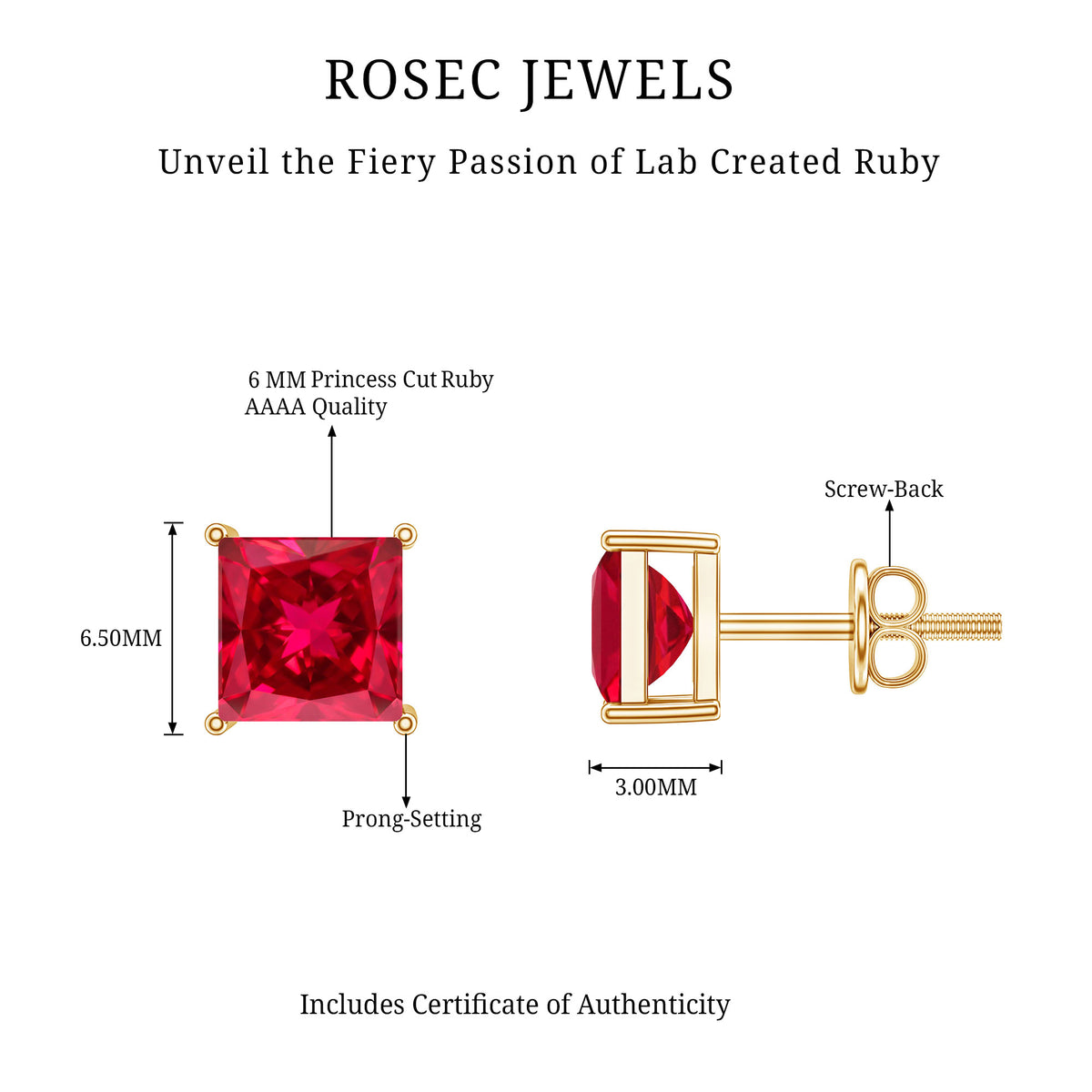 3 Carat Princess Cut Lab Created Ruby Solitaire Stud Earrings AAAA - Rosec Jewels