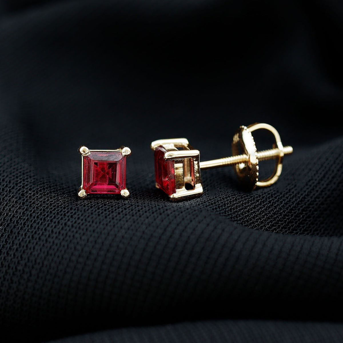 3 Carat Princess Cut Lab Created Ruby Solitaire Stud Earrings AAAA - Rosec Jewels