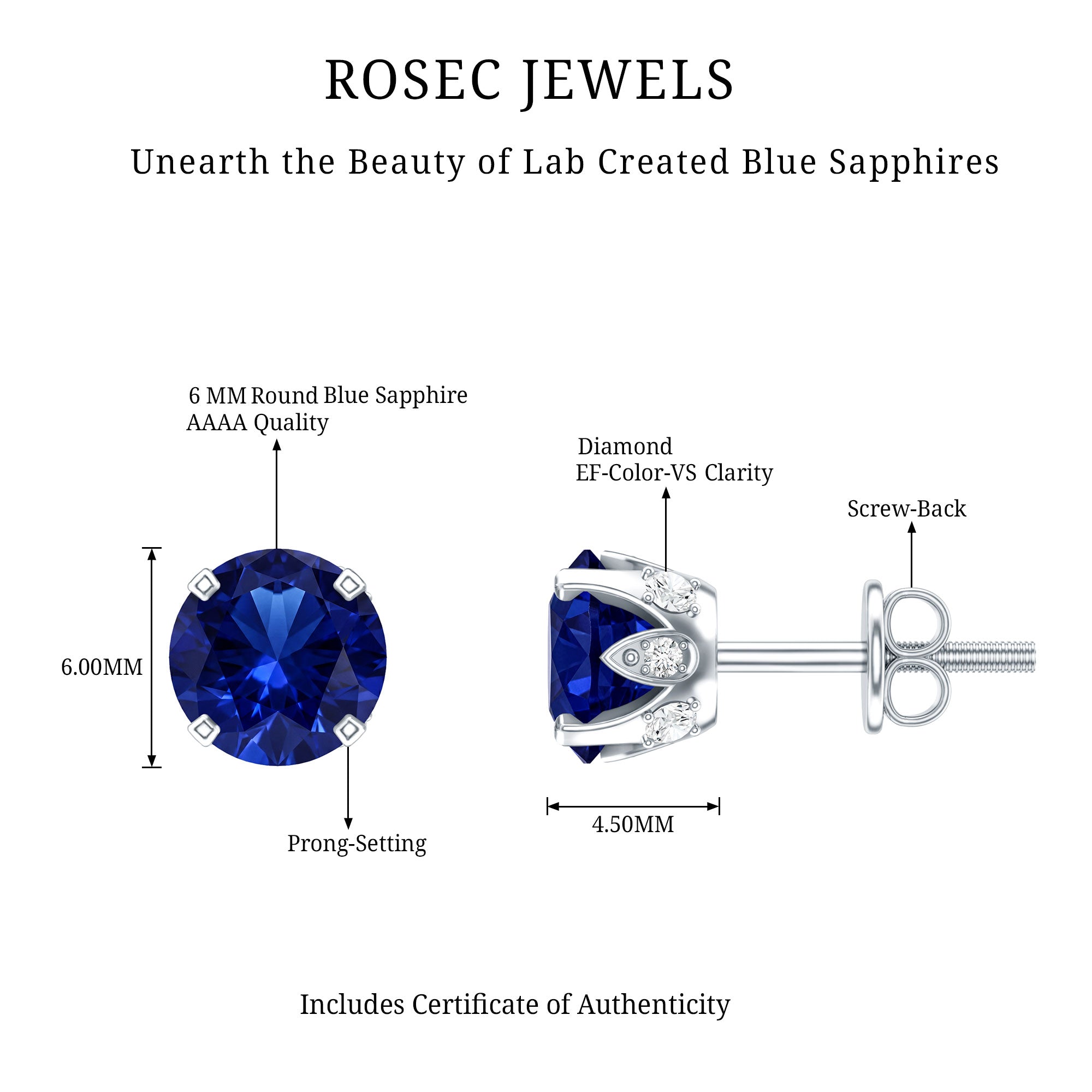 Lab Grown Blue Sapphire Vintage Stud Earrings with Certificate AAAA - Rosec Jewels