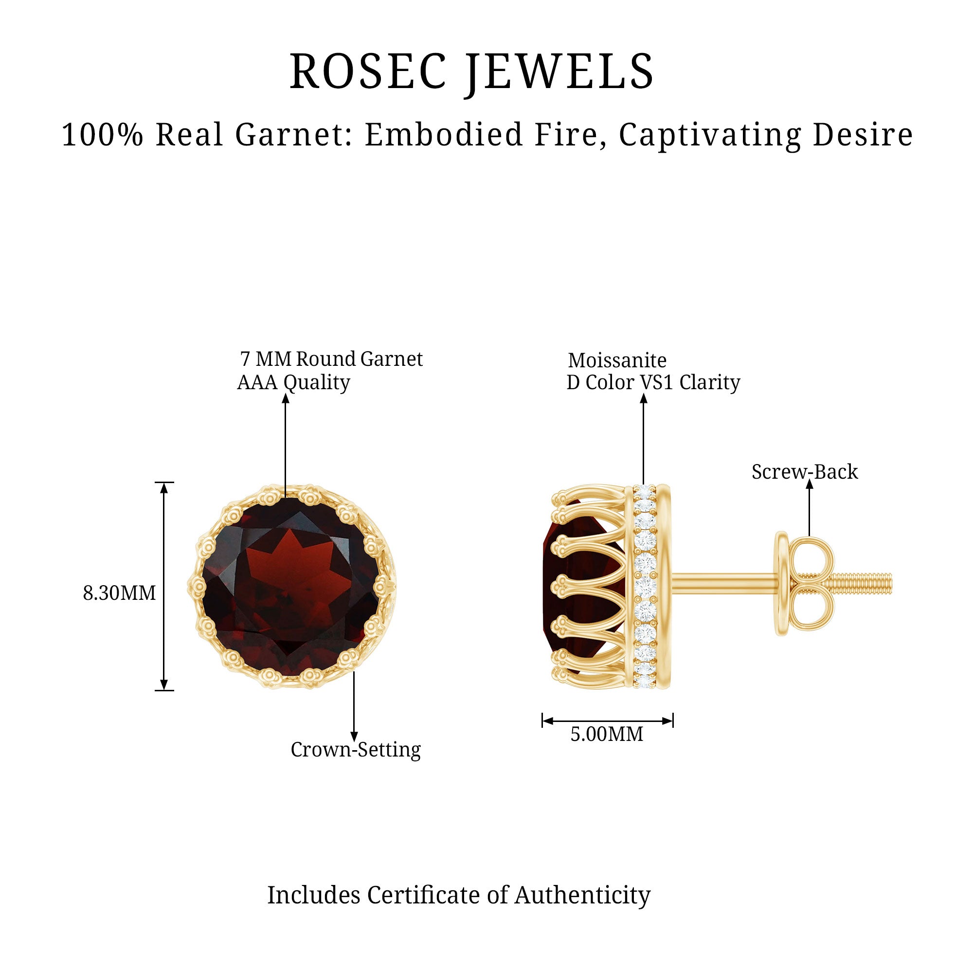 Natural 3.4 Carat Garnet Crown Earrings in Yellow Gold Plated Silver AAA 14K Yellow Gold Plated Silver - Rosec Jewels
