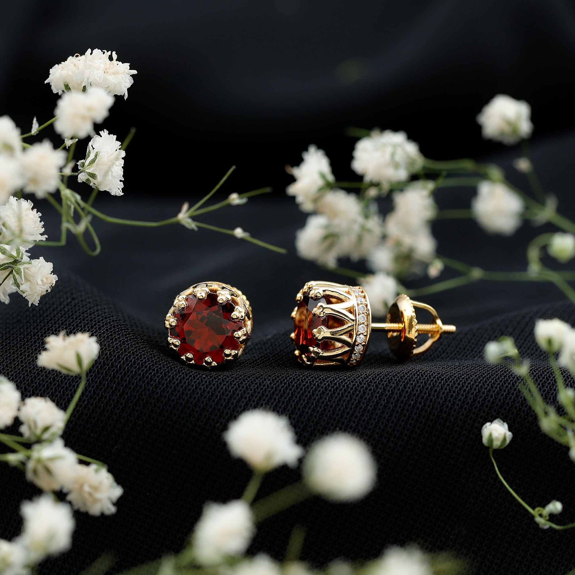 Natural 3.4 Carat Garnet Crown Earrings in Yellow Gold Plated Silver AAA 14K Yellow Gold Plated Silver - Rosec Jewels