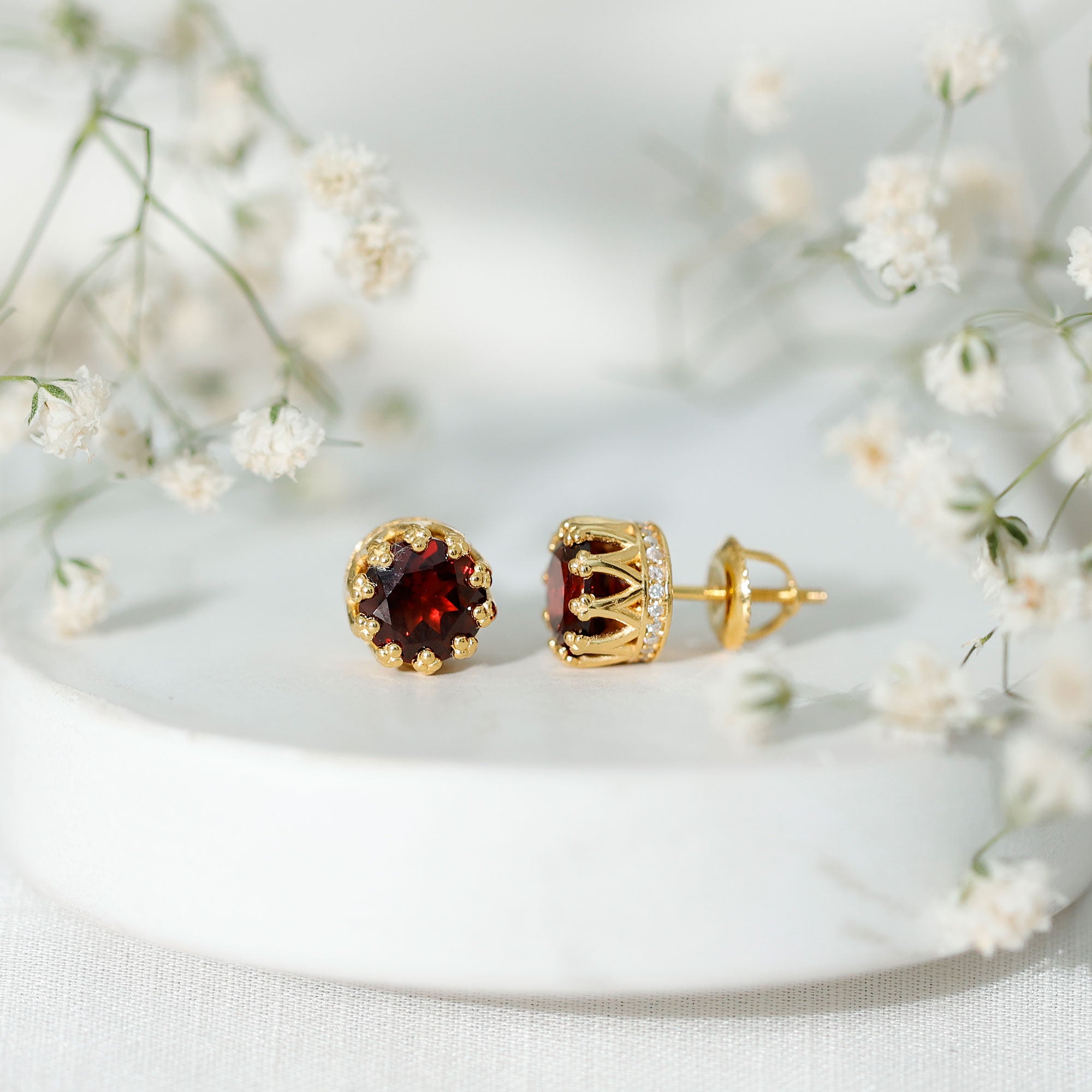 Natural 3.4 Carat Garnet Crown Earrings in Yellow Gold Plated Silver AAA 14K Yellow Gold Plated Silver - Rosec Jewels