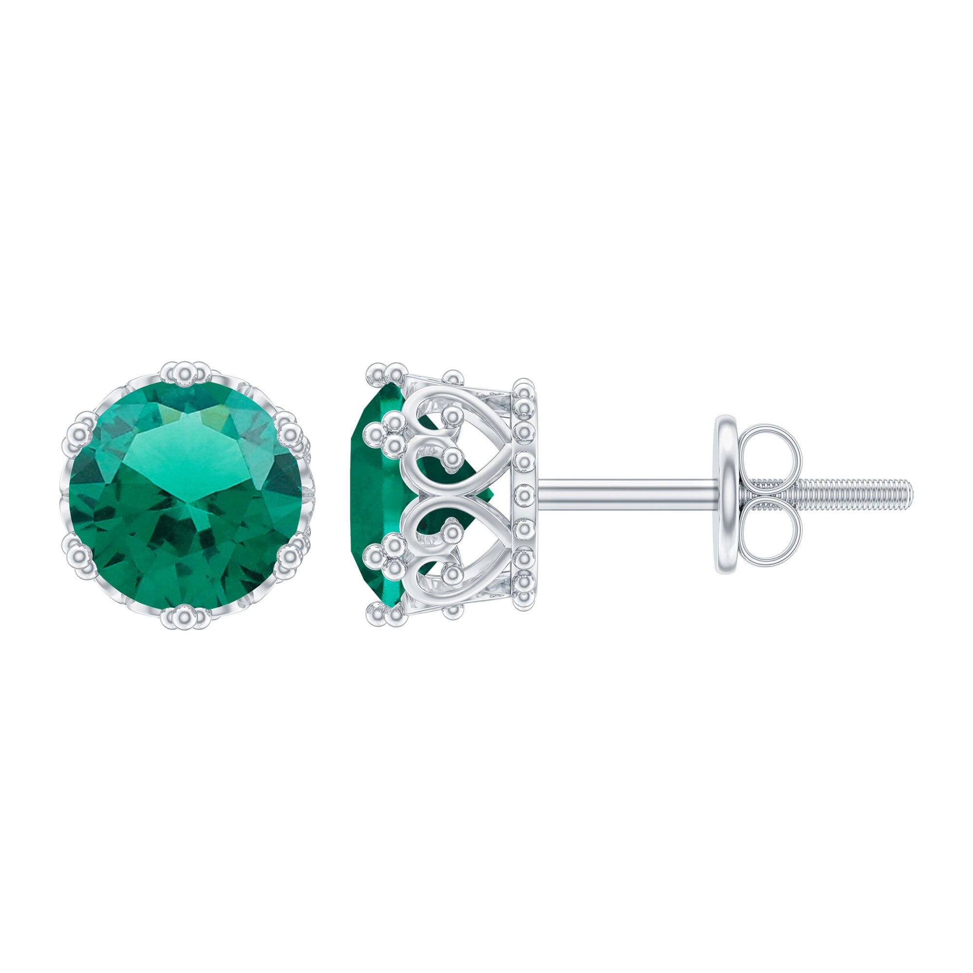 6 MM Created Emerald Solitaire Crown Stud Earrings Lab Created Emerald - ( AAAA ) - Quality - Rosec Jewels