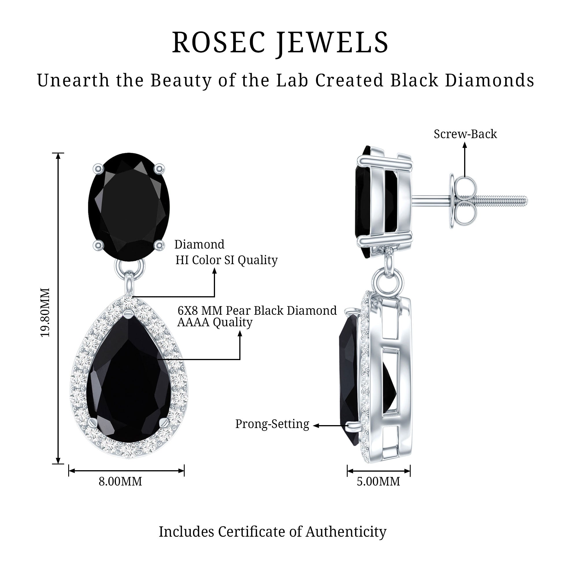 4.75 CT Lab Created Black Diamond Classic Teardrop Earrings with Diamond Halo AAAA ( Synthetic ) - Rosec Jewels