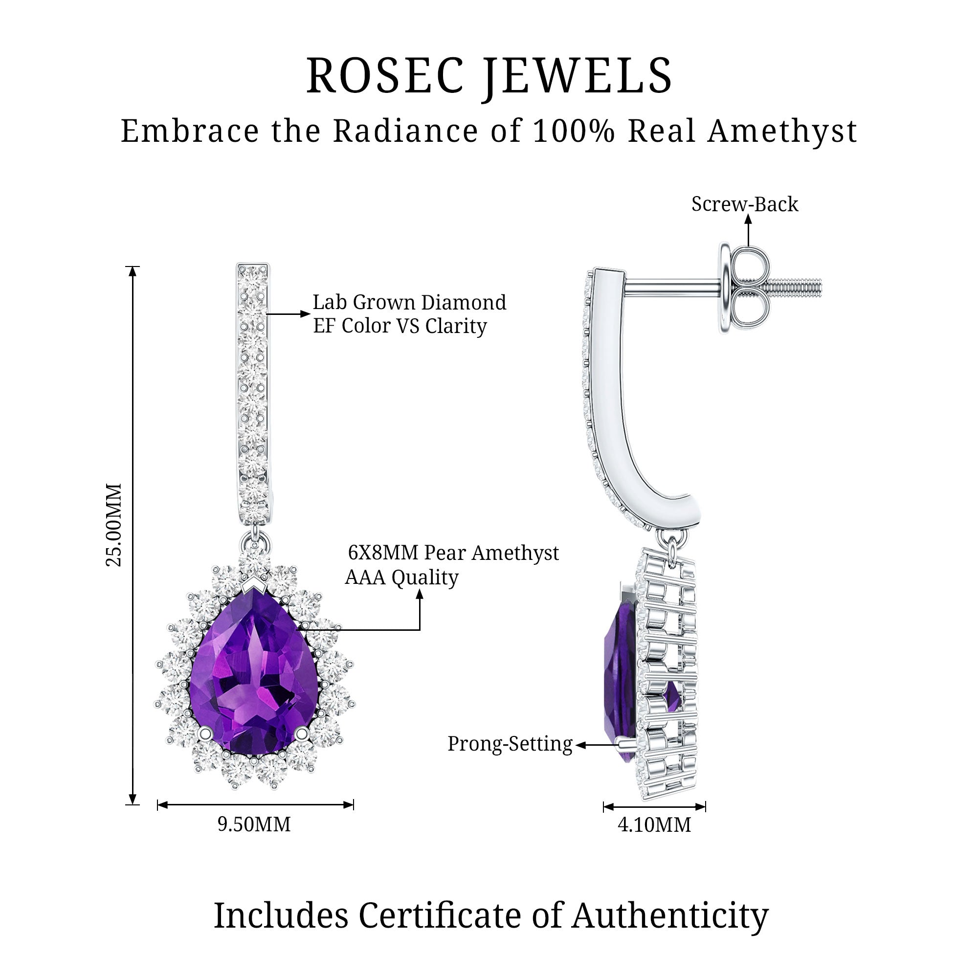 Natural Amethyst Bridal Earrings with Diamond Halo AAA - Rosec Jewels