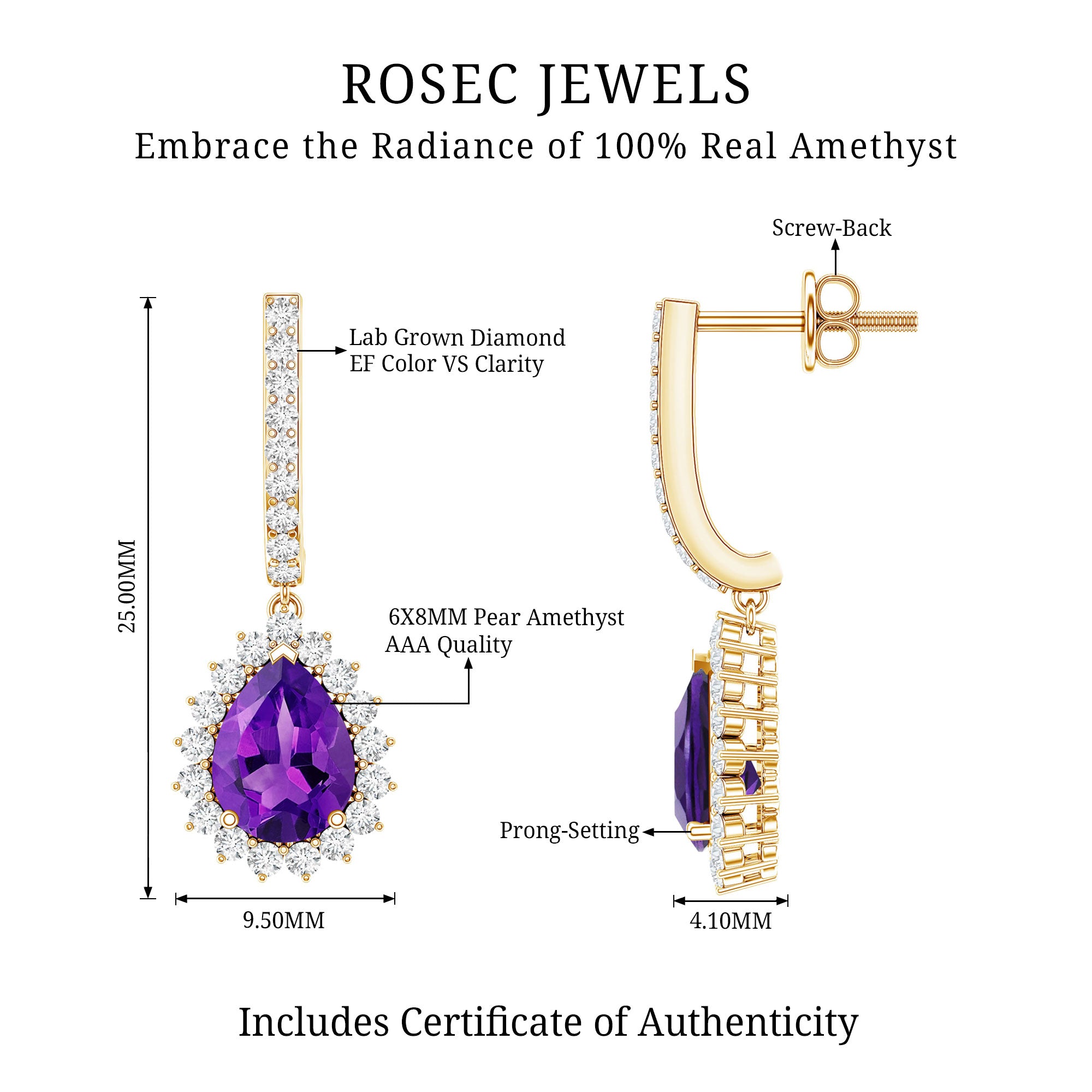 Natural Amethyst Bridal Earrings with Diamond Halo AAA - Rosec Jewels
