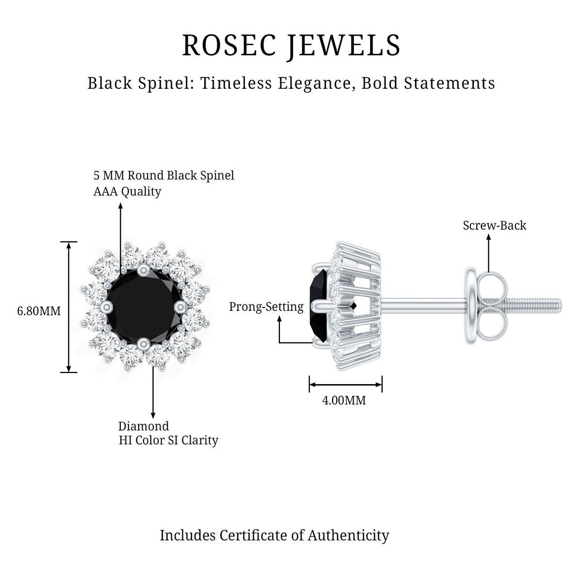 Certified Real Black Spinel Stud Earrings with Diamond Halo AAA - Rosec Jewels