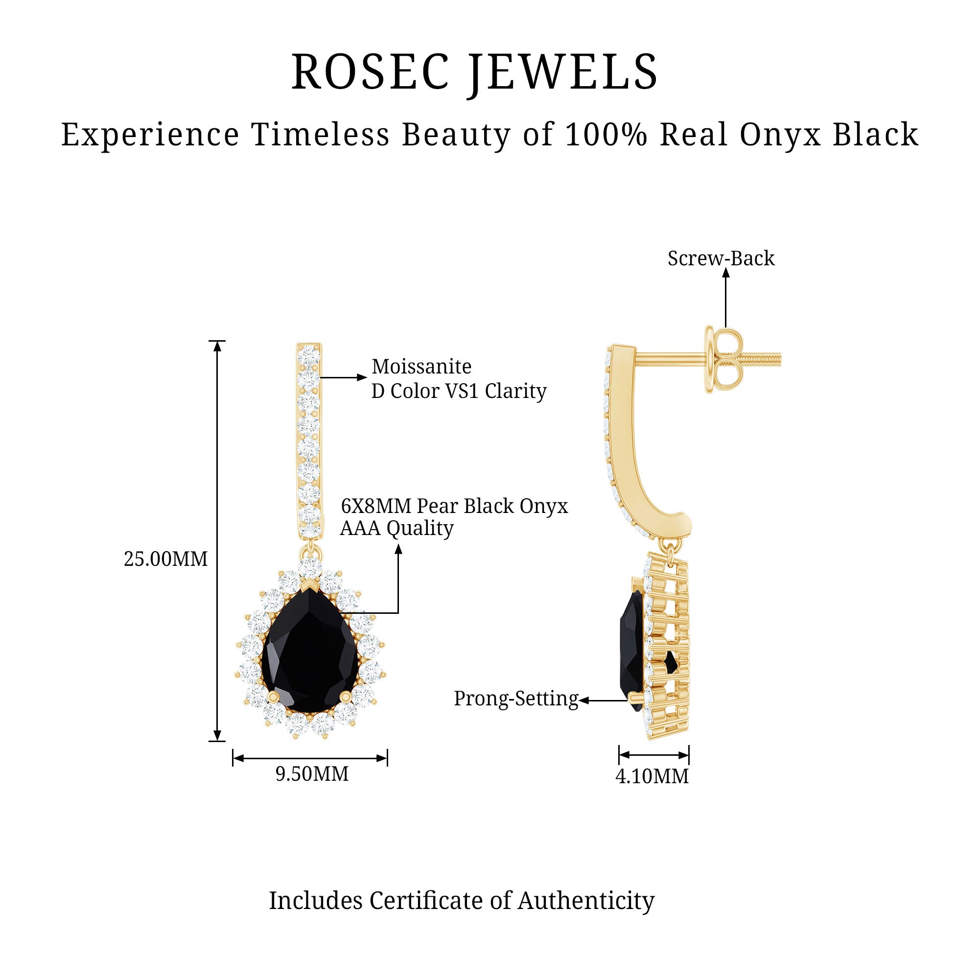 Black Onyx and Moissanite Bridal Teardrop Earrings AAA - Rosec Jewels