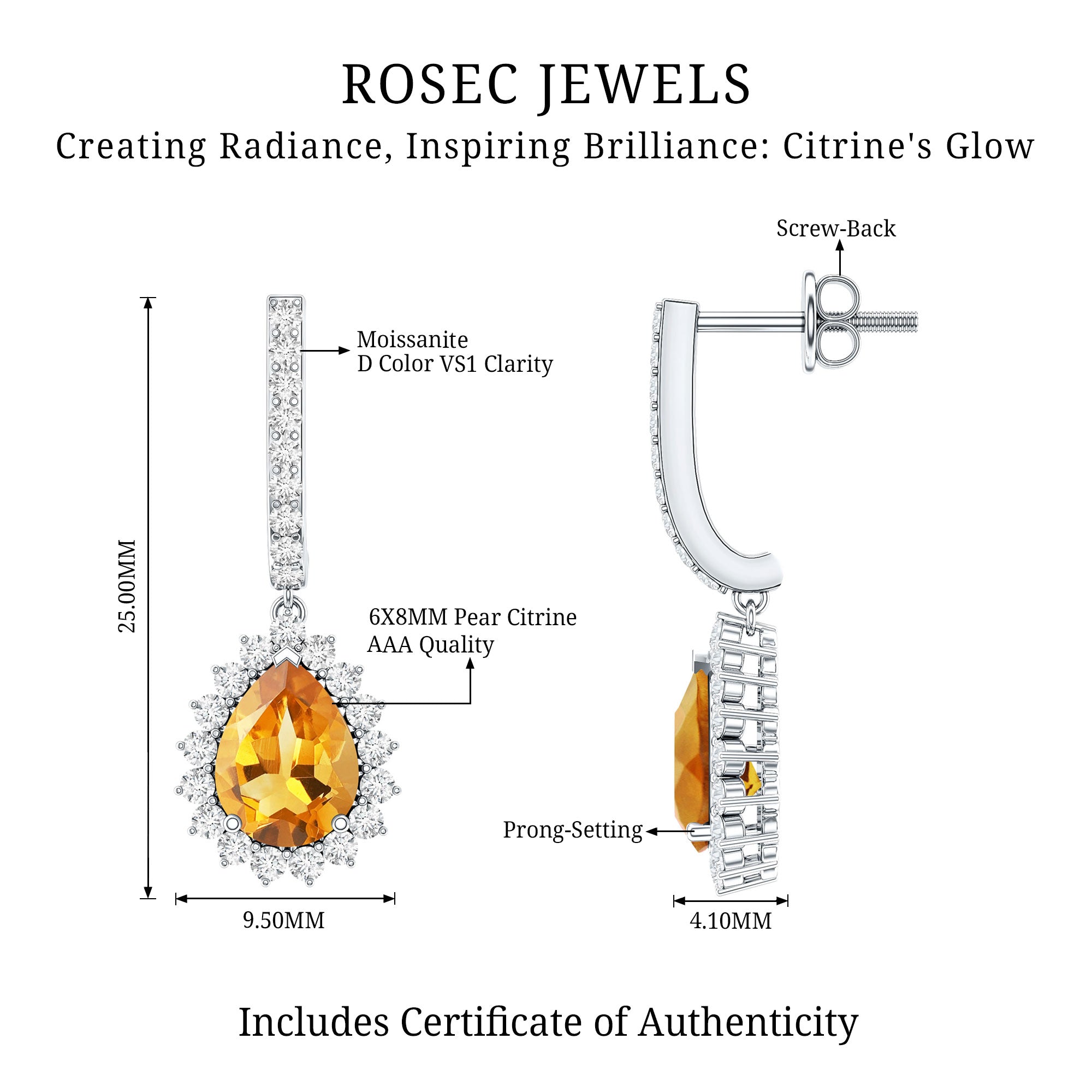 Genuine 6X8mm Pear Shape Citrine Drop Earrings with Moissanite AAA - Rosec Jewels