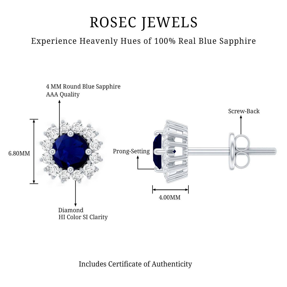 0.8 Carat Natural Blue Sapphire and Diamond Halo Stud Earrings AAA - Rosec Jewels