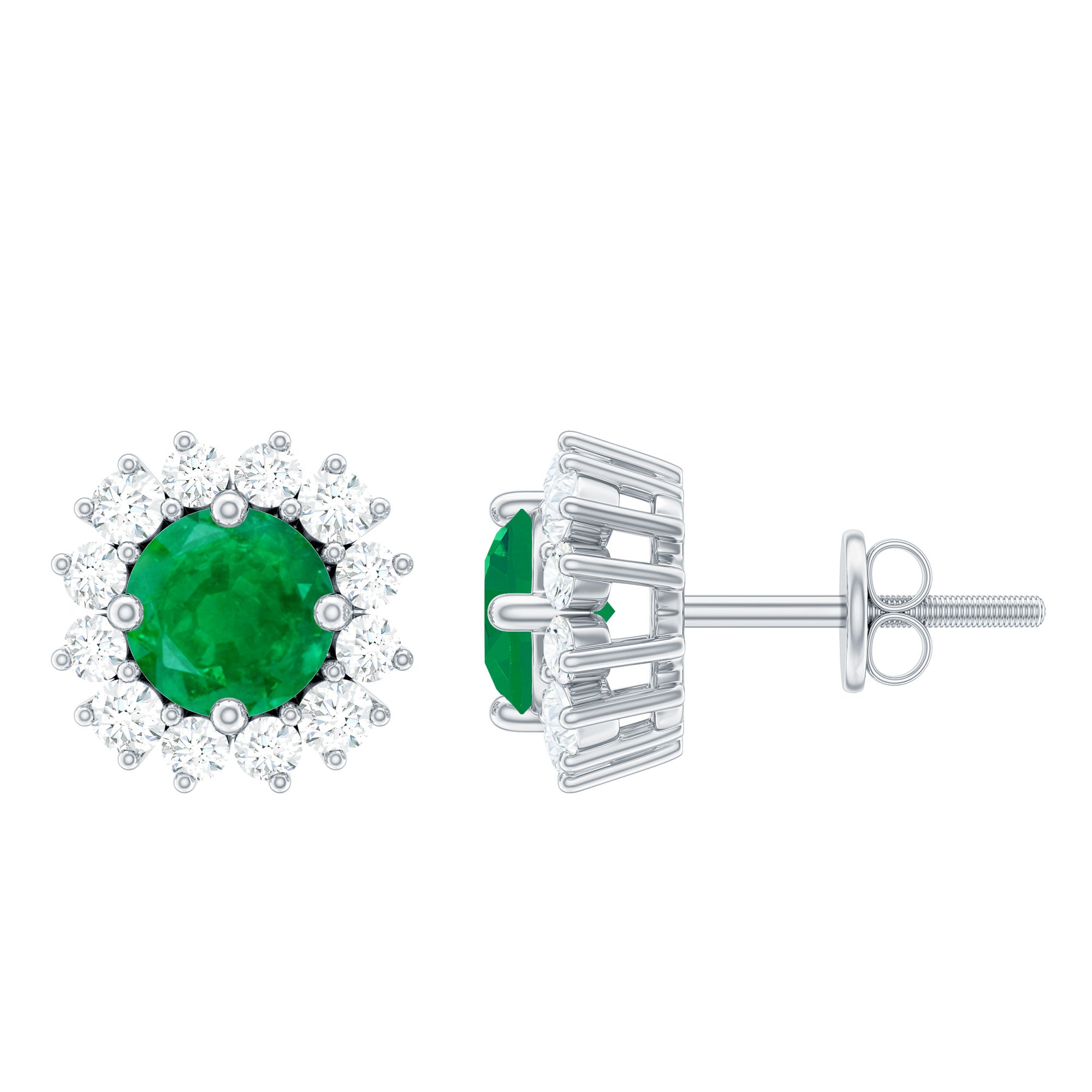 Natural Emerald Classic Stud Earrings with Diamond Halo