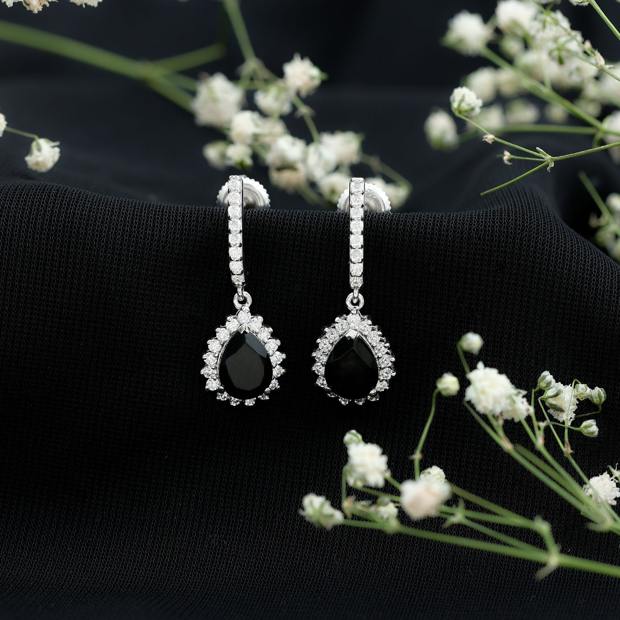 Lab Created Black Diamond Teardrop Hoop Earrings AAAA ( Synthetic ) - Rosec Jewels