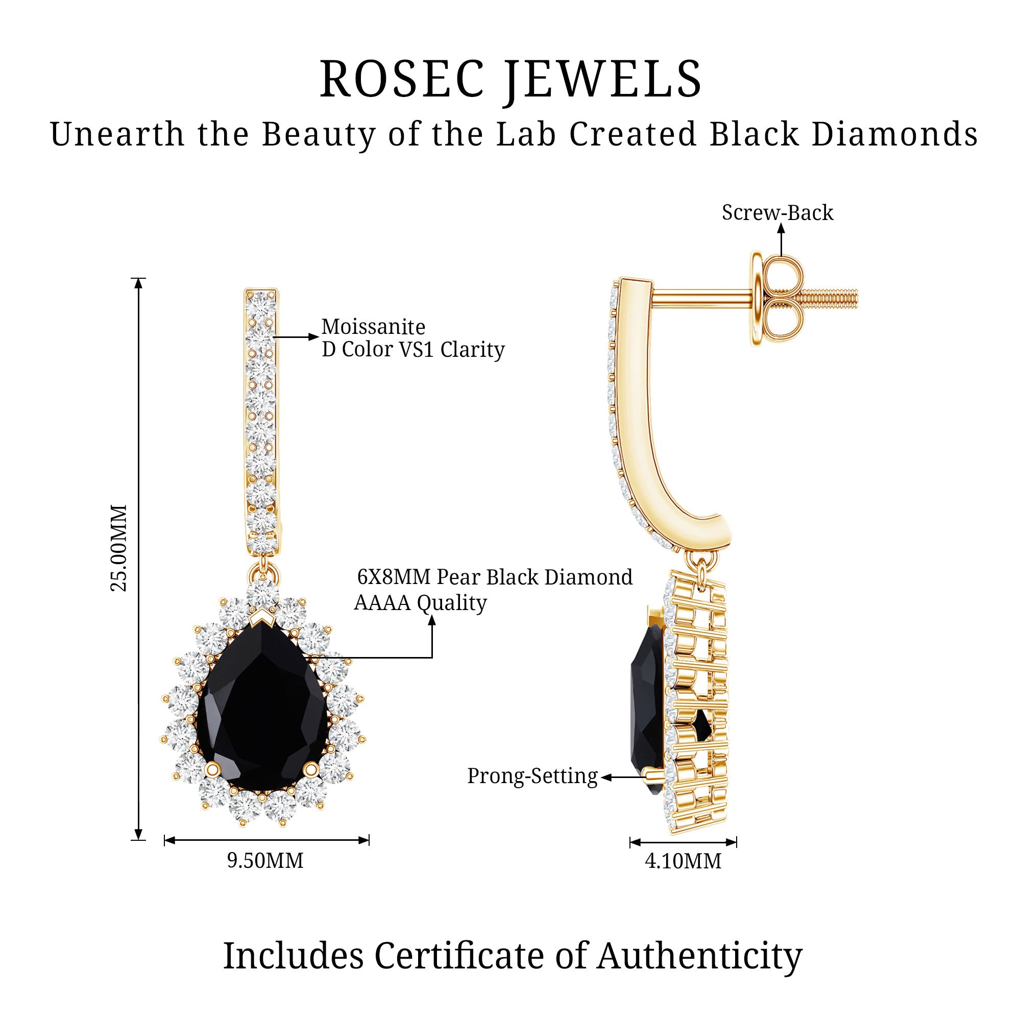 Lab Created Black Diamond Teardrop Hoop Earrings AAAA ( Synthetic ) - Rosec Jewels