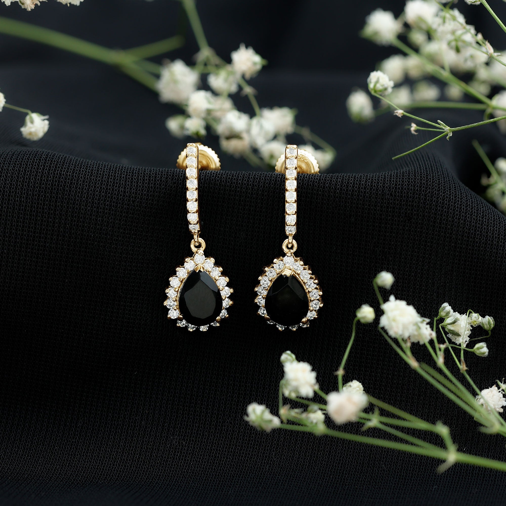 Lab Created Black Diamond Teardrop Hoop Earrings AAAA ( Synthetic ) - Rosec Jewels