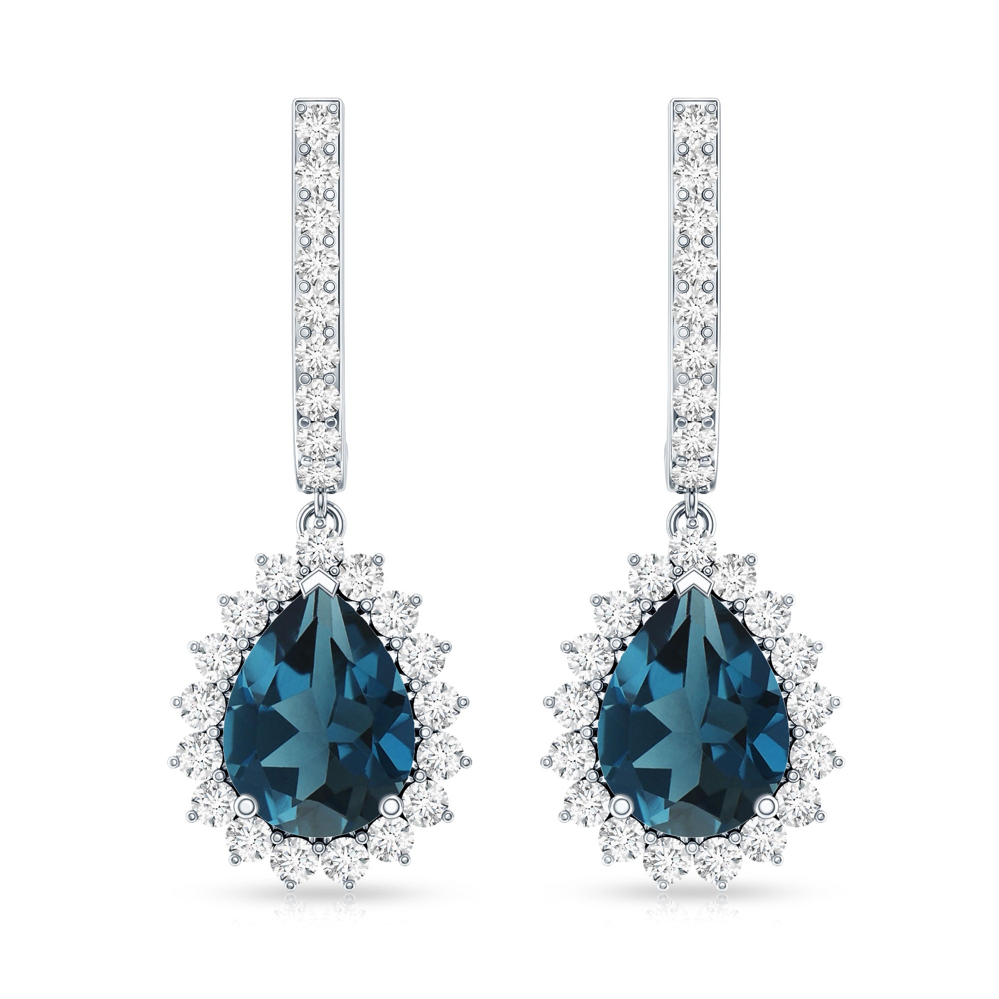 London Blue Topaz Teardrop Hoop Earrings with Diamond Halo AAA - Rosec Jewels