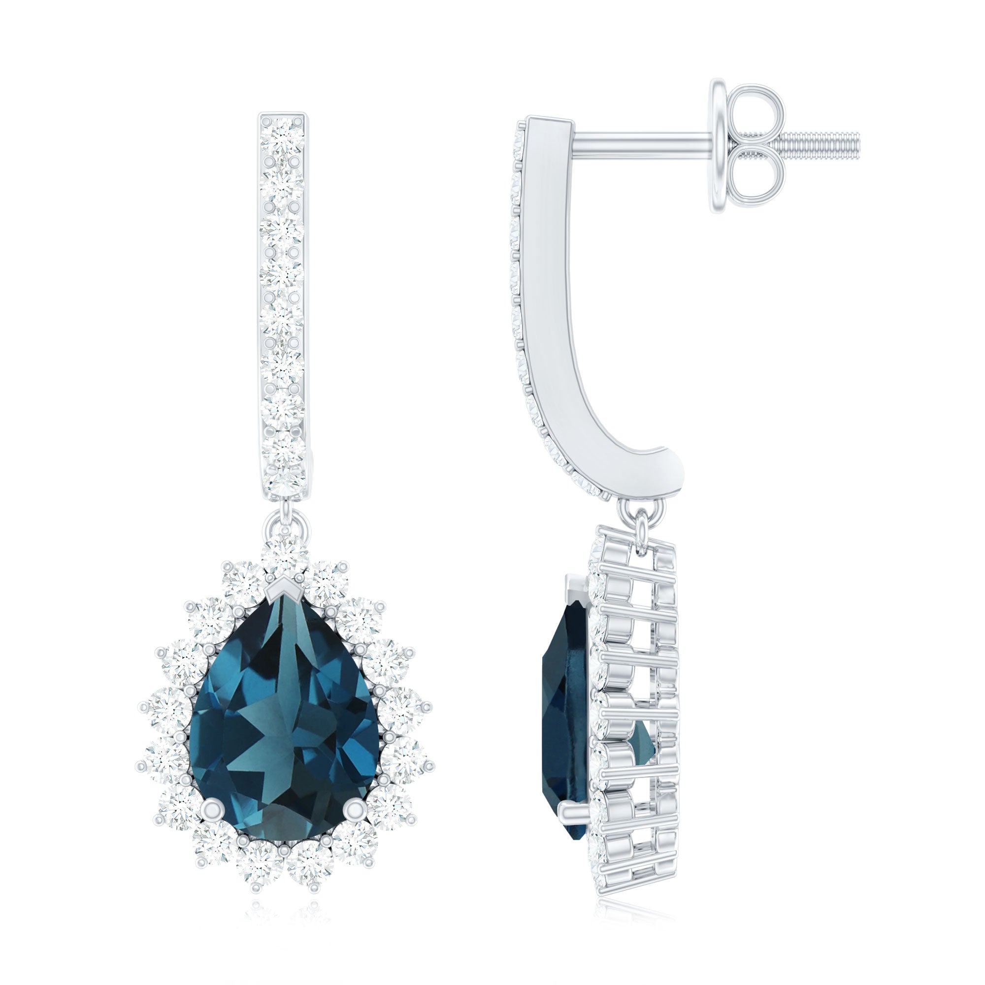 London Blue Topaz Teardrop Hoop Earrings with Diamond Halo AAA - Rosec Jewels