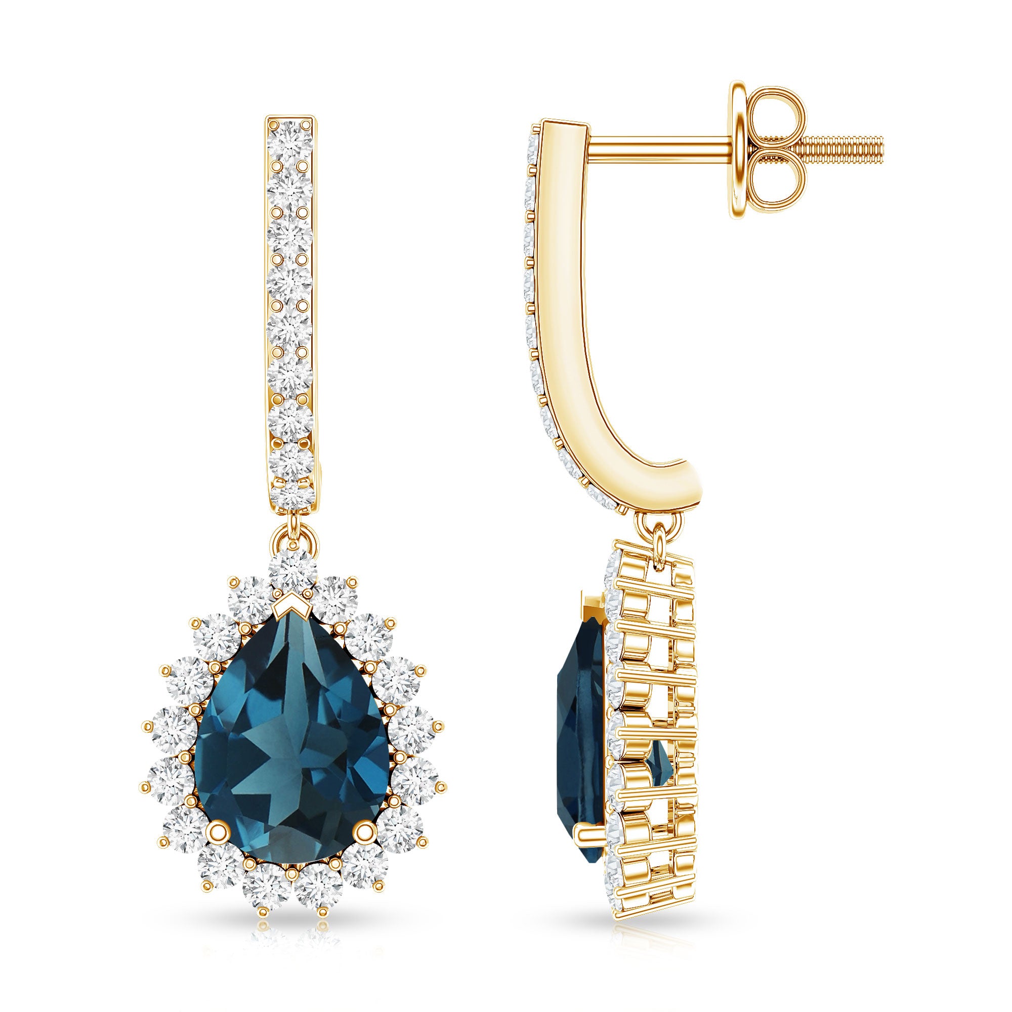 London Blue Topaz Teardrop Hoop Earrings with Diamond Halo AAA - Rosec Jewels