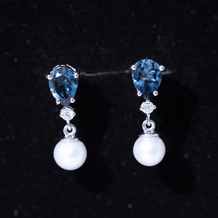 Genuine Freshwater Pearl Drop Earrings With London Blue Topaz AAA - Rosec Jewels