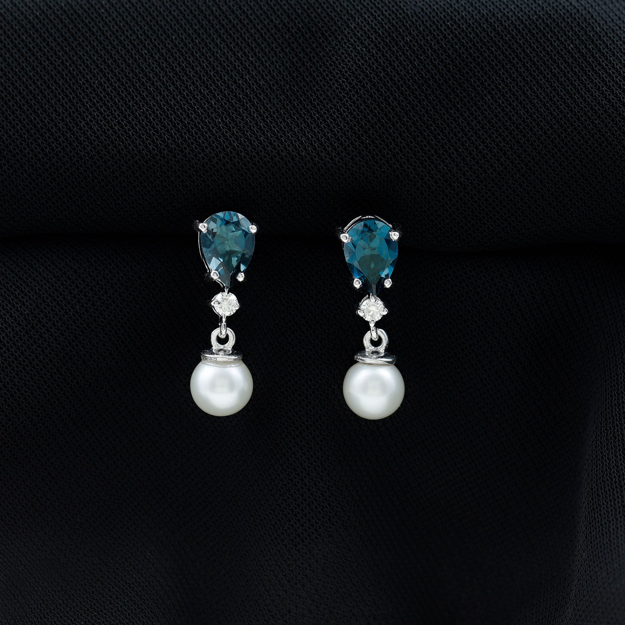 Genuine Freshwater Pearl Drop Earrings With London Blue Topaz AAA - Rosec Jewels