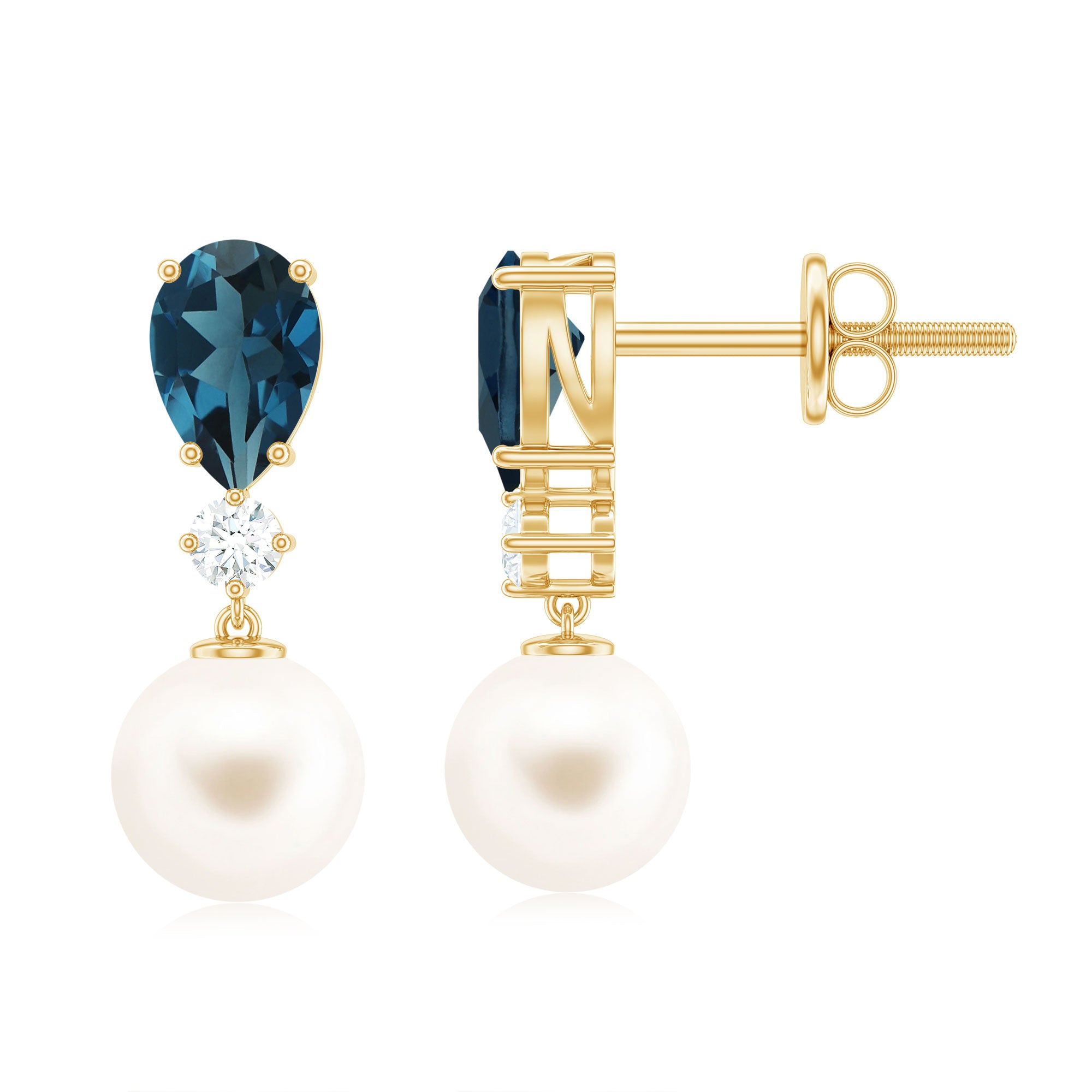 Genuine Freshwater Pearl Drop Earrings With London Blue Topaz AAA - Rosec Jewels