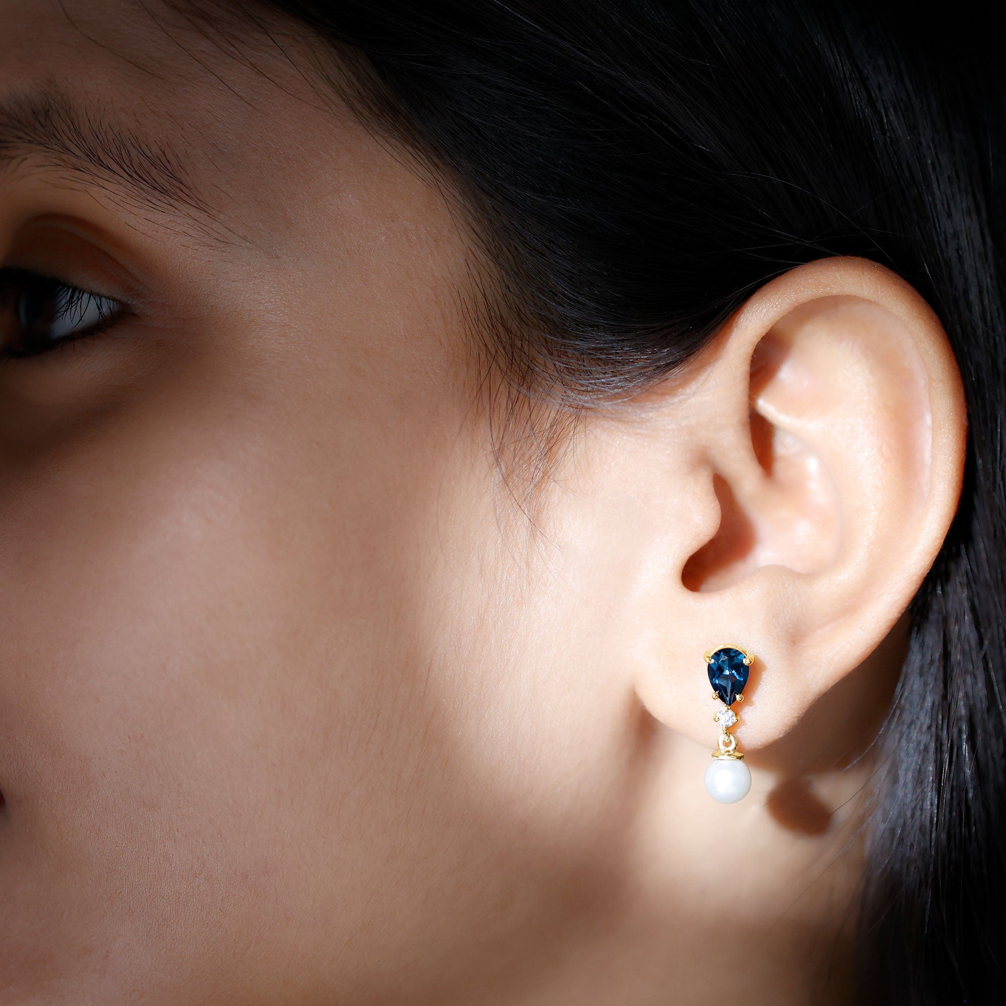 Genuine Freshwater Pearl Drop Earrings With London Blue Topaz AAA - Rosec Jewels
