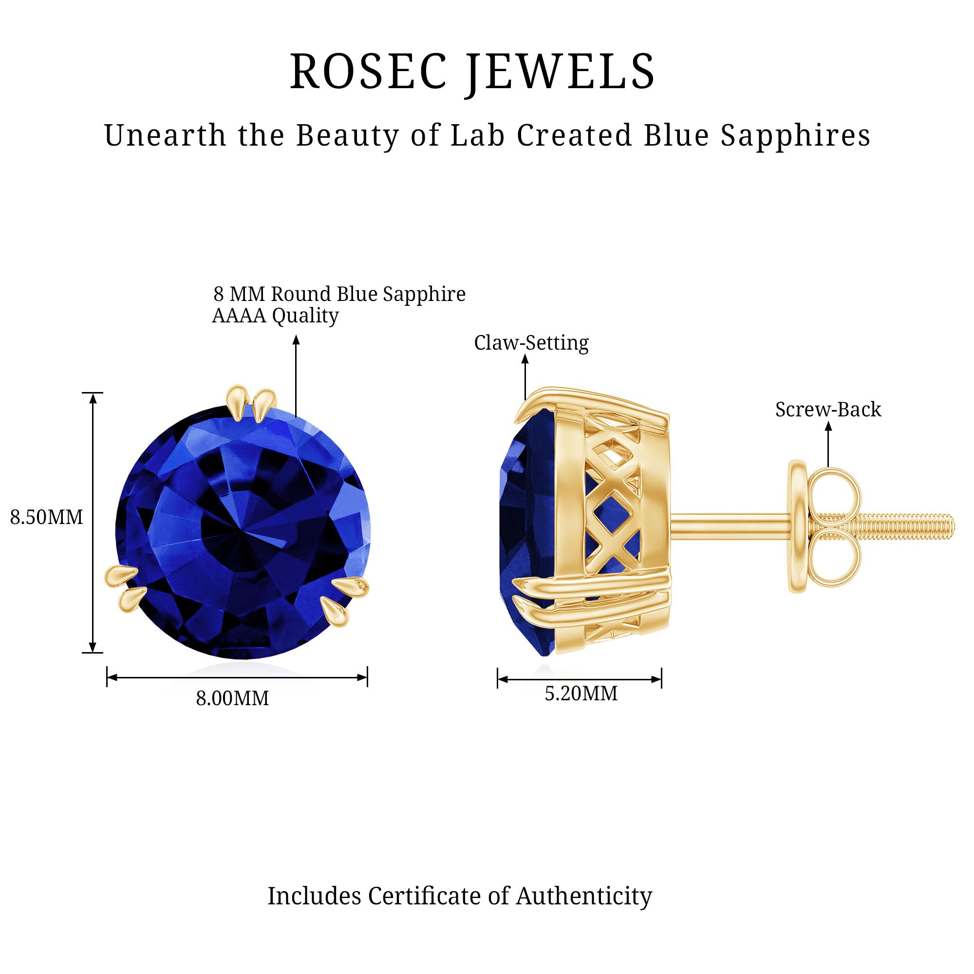 5 Carat Lab Created Blue Sapphire Solitaire Stud Earrings AAAA - Rosec Jewels