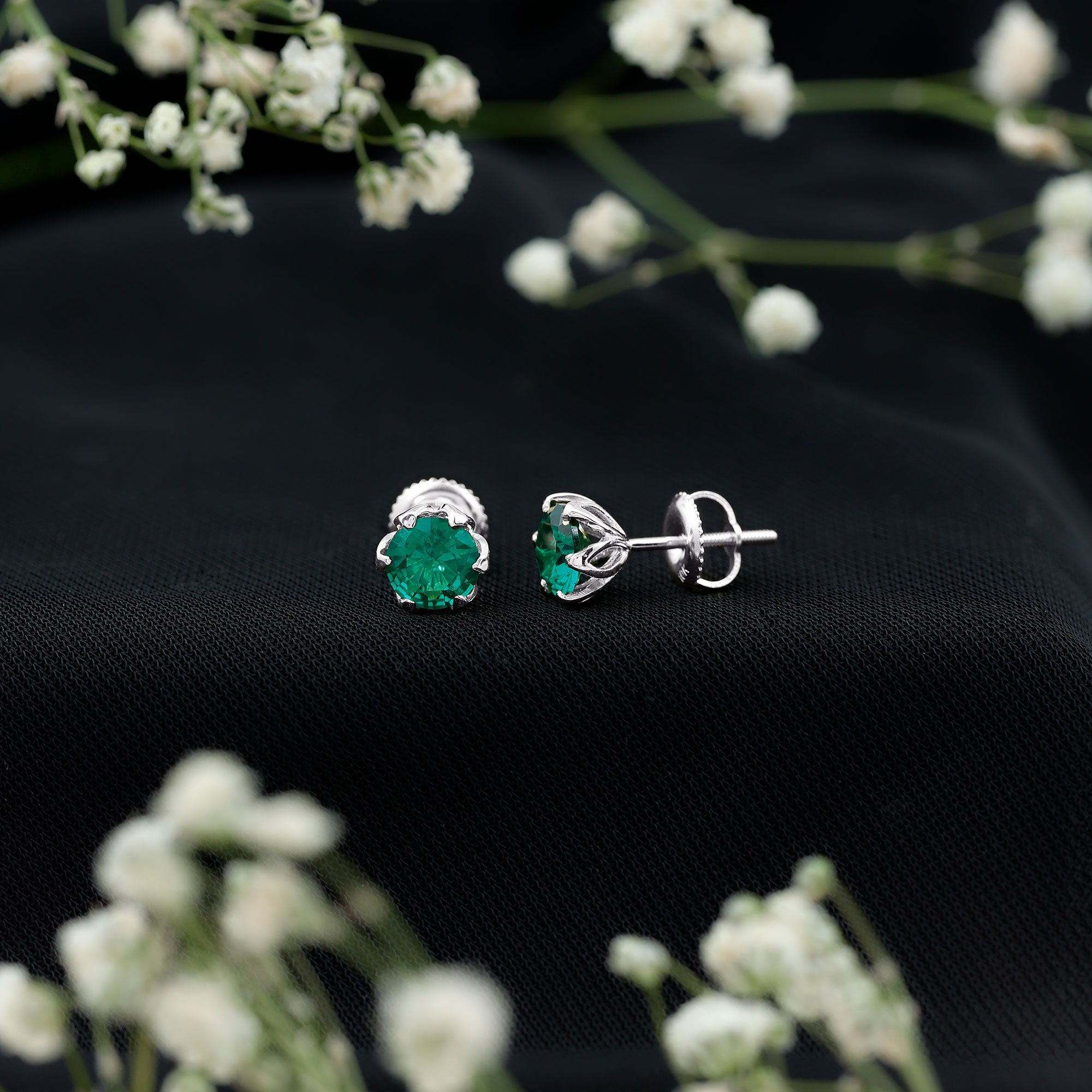 Lotus Basket Set 1.6 Carat Lab Created Emerald Solitaire Stud Earrings AAAA - Rosec Jewels
