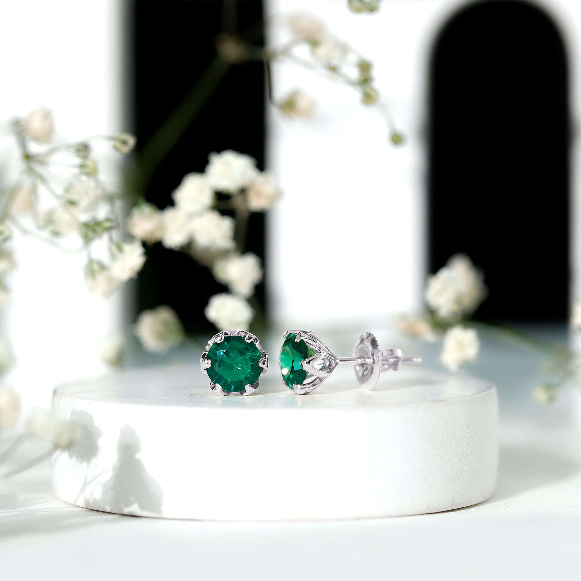 Lotus Basket Set 1.6 Carat Lab Created Emerald Solitaire Stud Earrings AAAA - Rosec Jewels