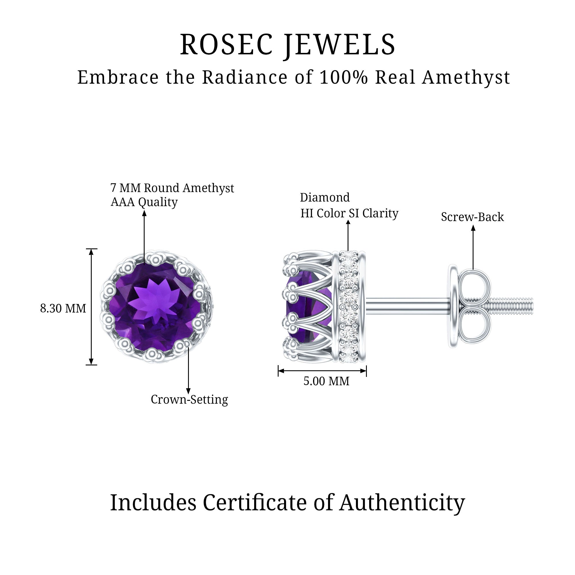 Natural Amethyst and Diamond Bridal Stud Earrings AAA - Rosec Jewels