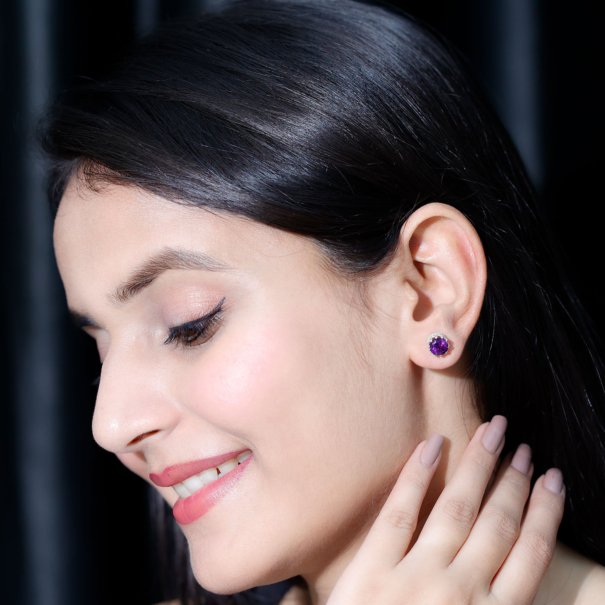Natural Amethyst and Diamond Bridal Stud Earrings AAA - Rosec Jewels