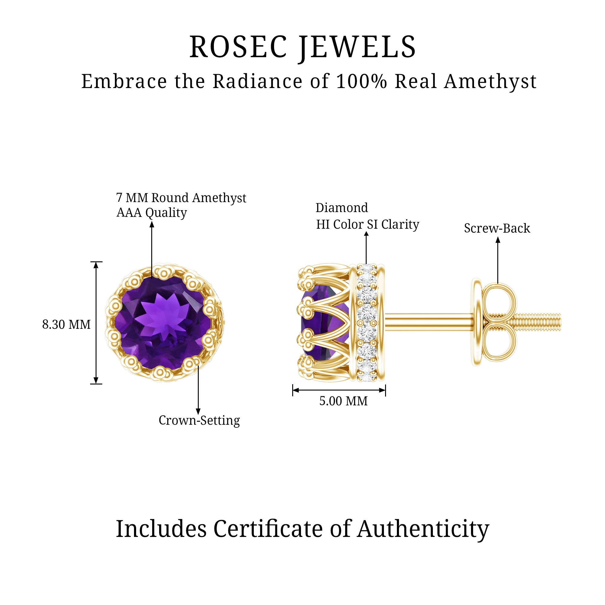 Natural Amethyst and Diamond Bridal Stud Earrings AAA - Rosec Jewels