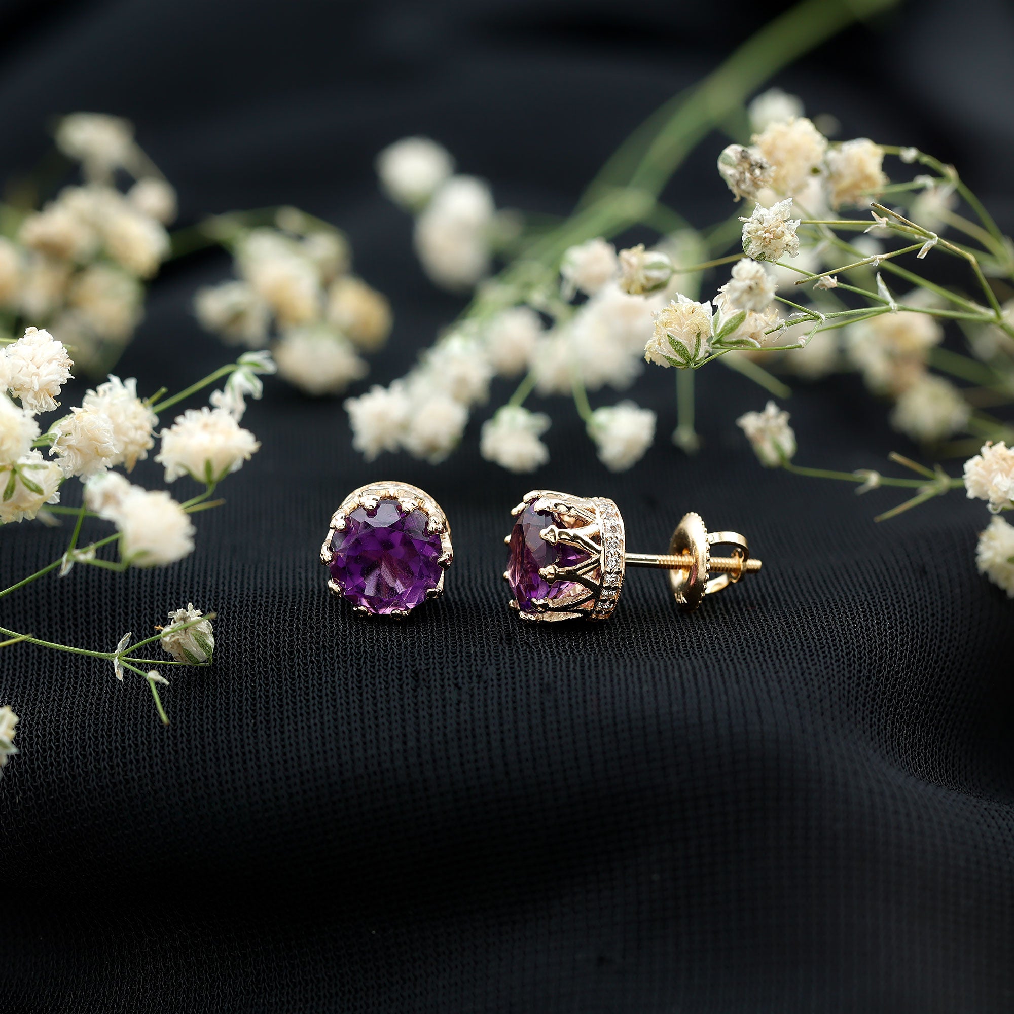 Natural Amethyst and Diamond Bridal Stud Earrings AAA - Rosec Jewels
