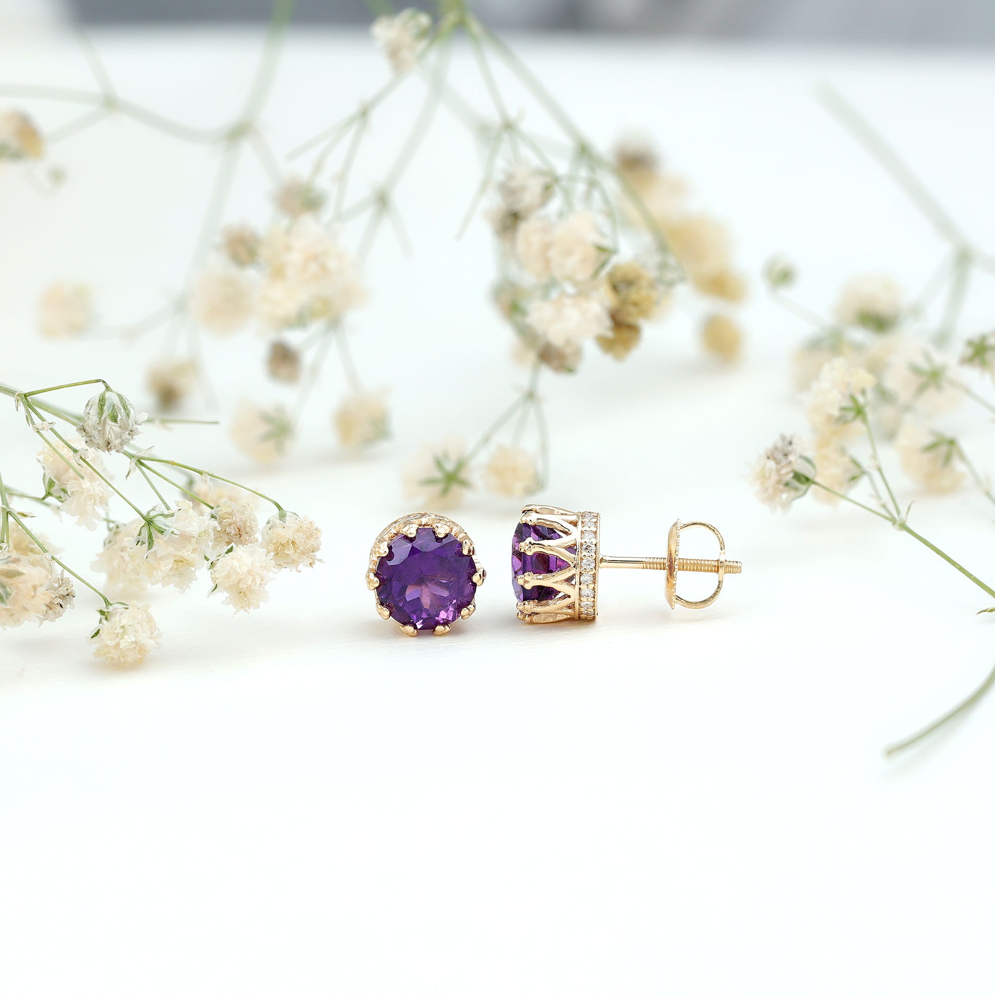 Natural Amethyst and Diamond Bridal Stud Earrings AAA - Rosec Jewels