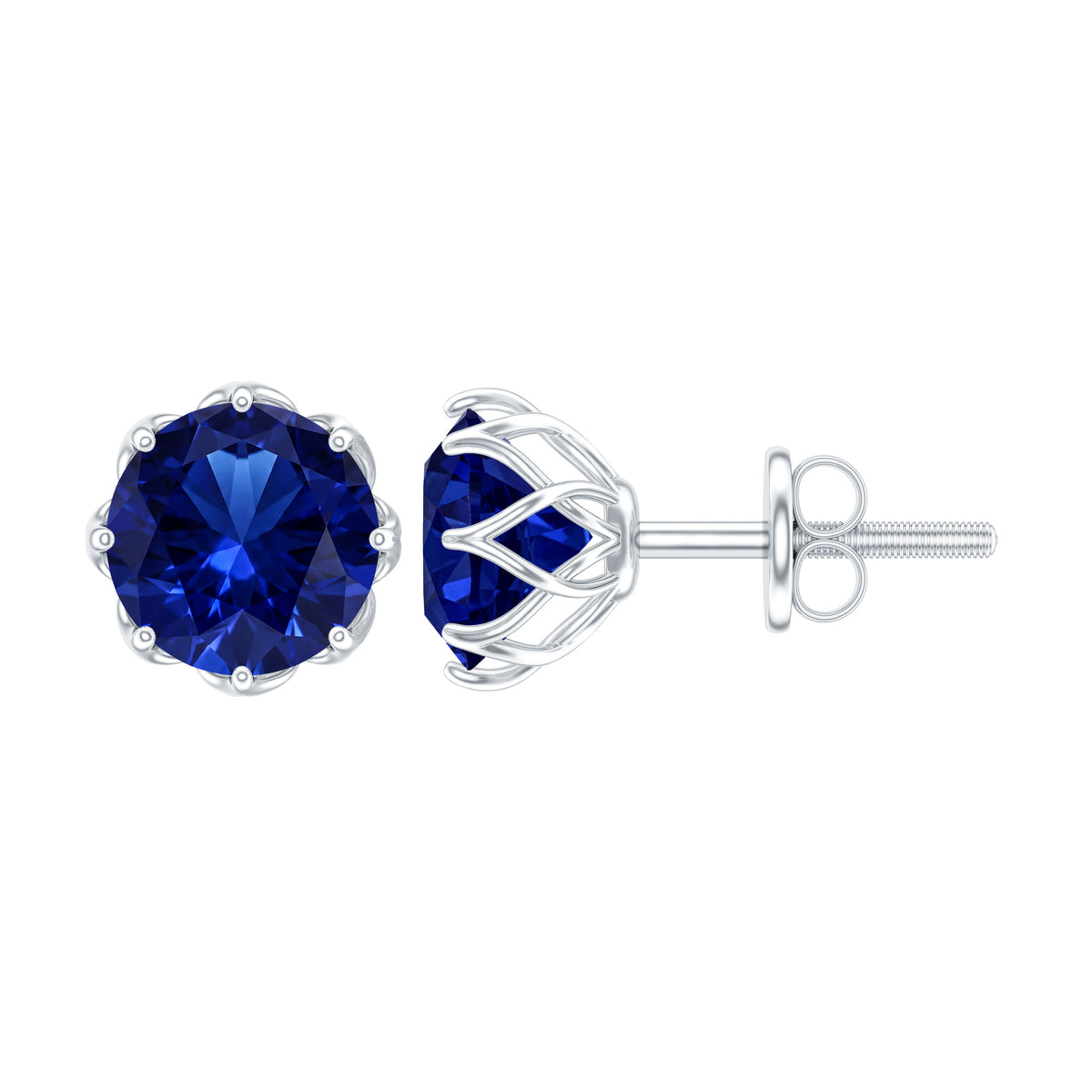 Round Lab Created Blue Sapphire Stud Earrings in Decorative Setting AAAA - Rosec Jewels