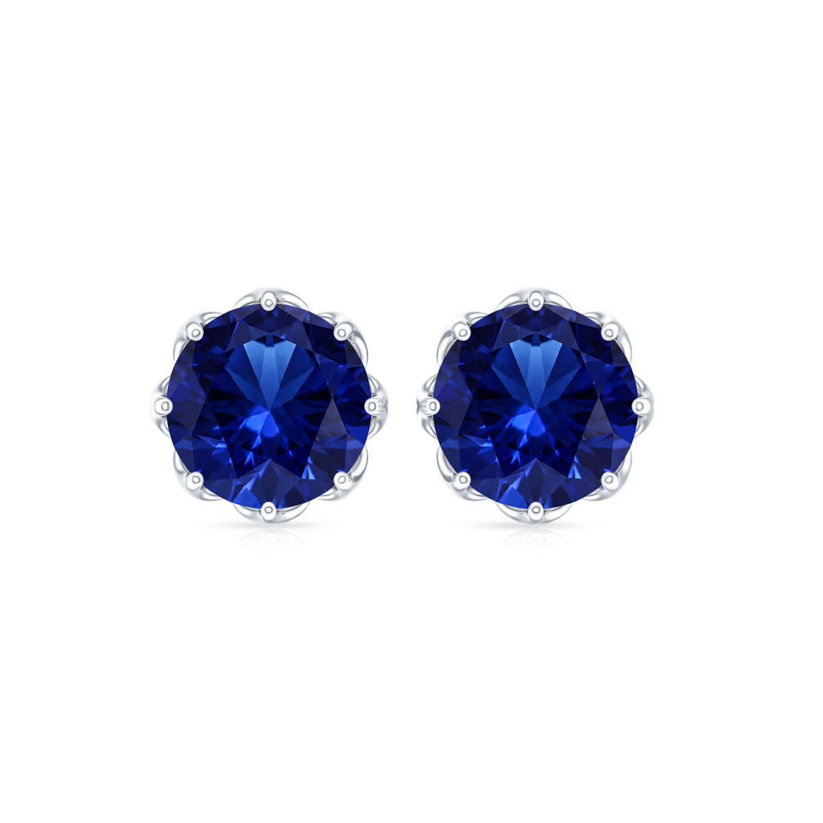Round Lab Created Blue Sapphire Stud Earrings in Decorative Setting AAAA - Rosec Jewels