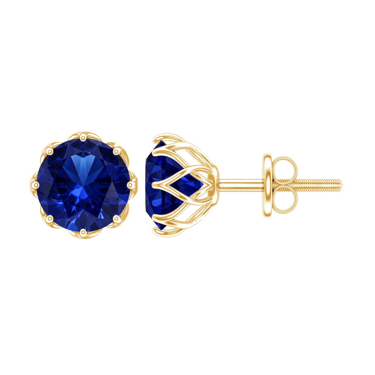 Round Lab Created Blue Sapphire Stud Earrings in Decorative Setting AAAA - Rosec Jewels