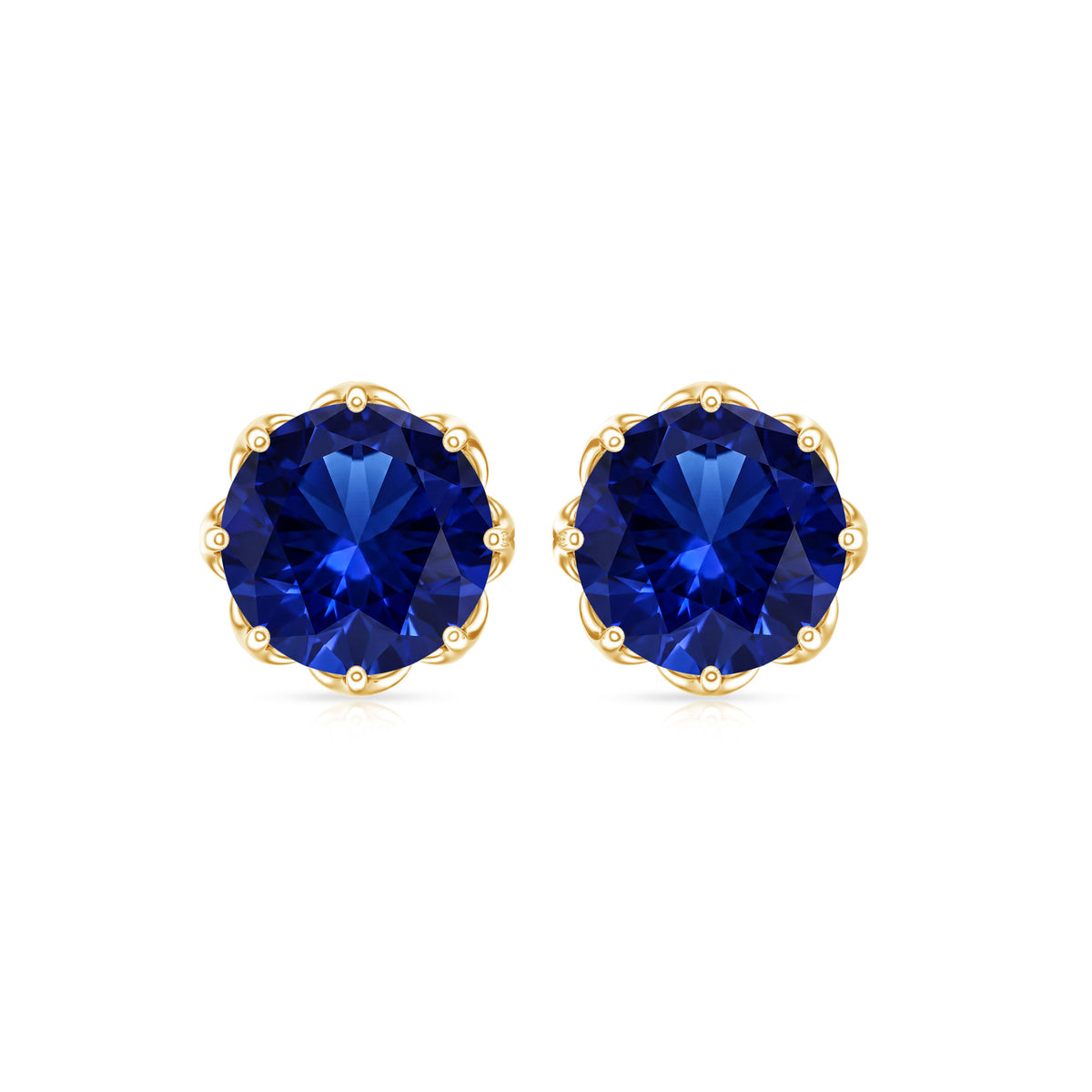 Round Lab Created Blue Sapphire Stud Earrings in Decorative Setting AAAA - Rosec Jewels