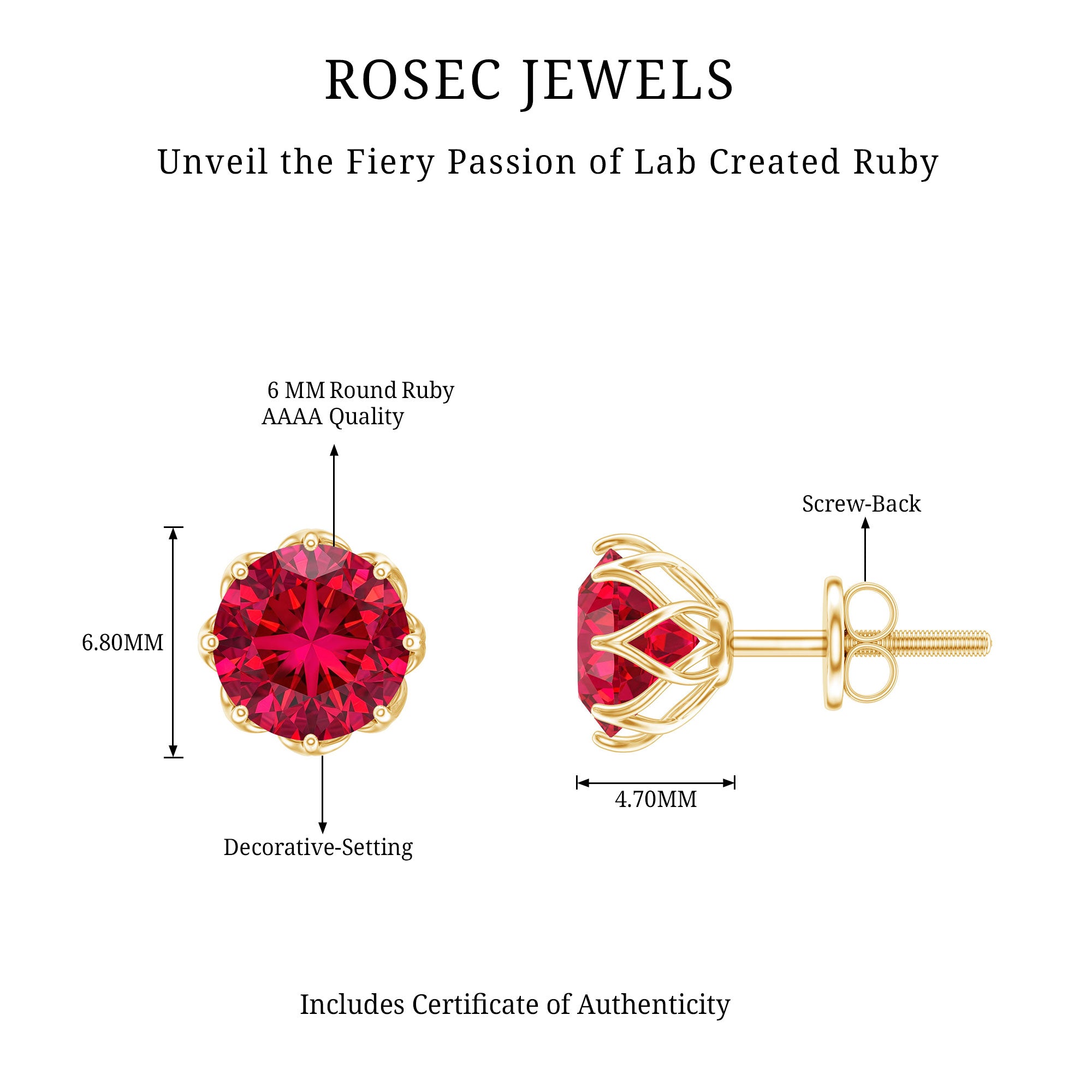 AAAA Quality 2.74 Carat Lab Grown Ruby Stud Earrings in Gold Plated Silver AAAA 14K Yellow Gold Plated Silver - Rosec Jewels